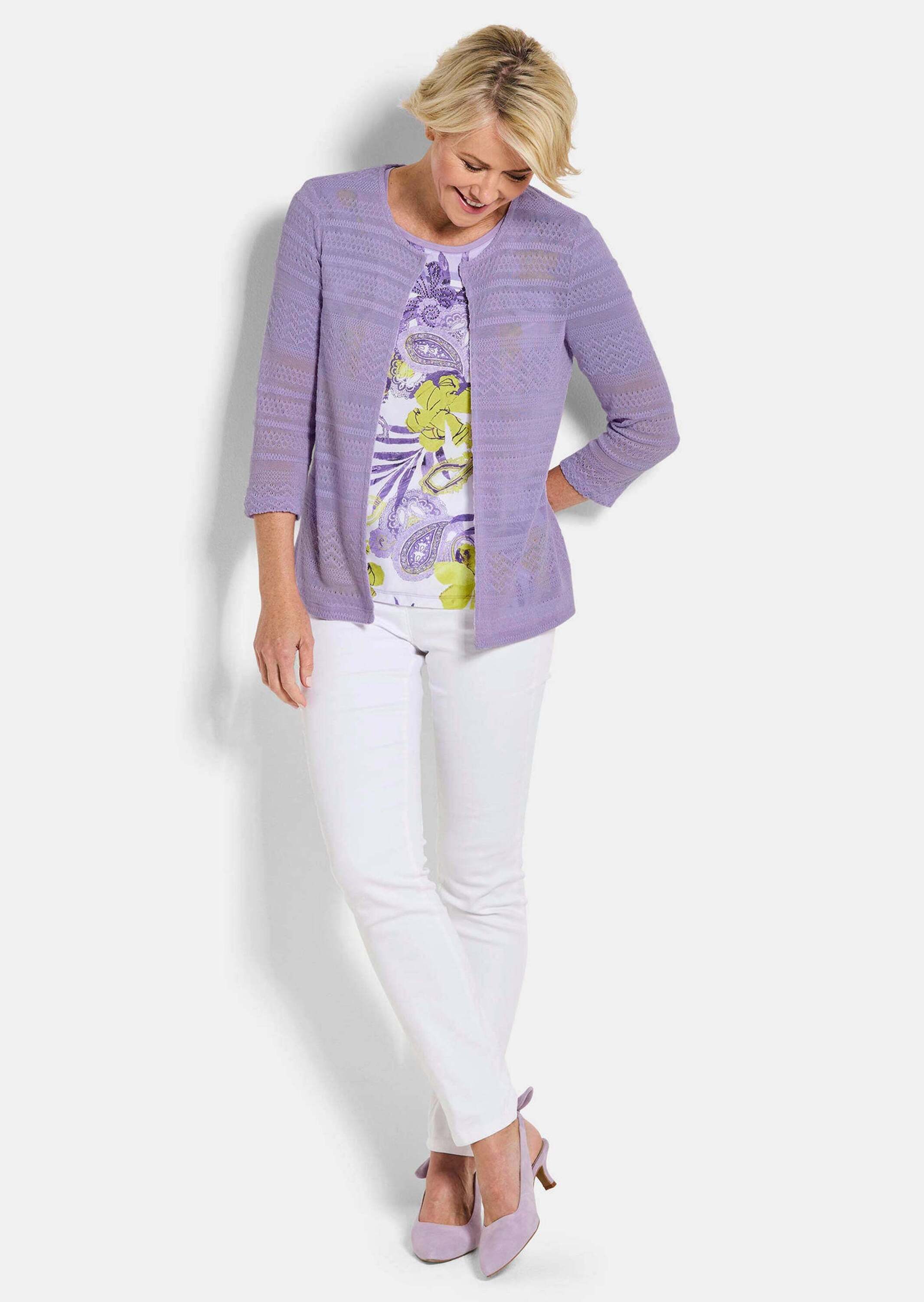 GOLDNER Shirtjacke Shirtjacke mit Häkchenverschluss Strukturjacke mit Rundhalsausschnitt und 3/4-Arm