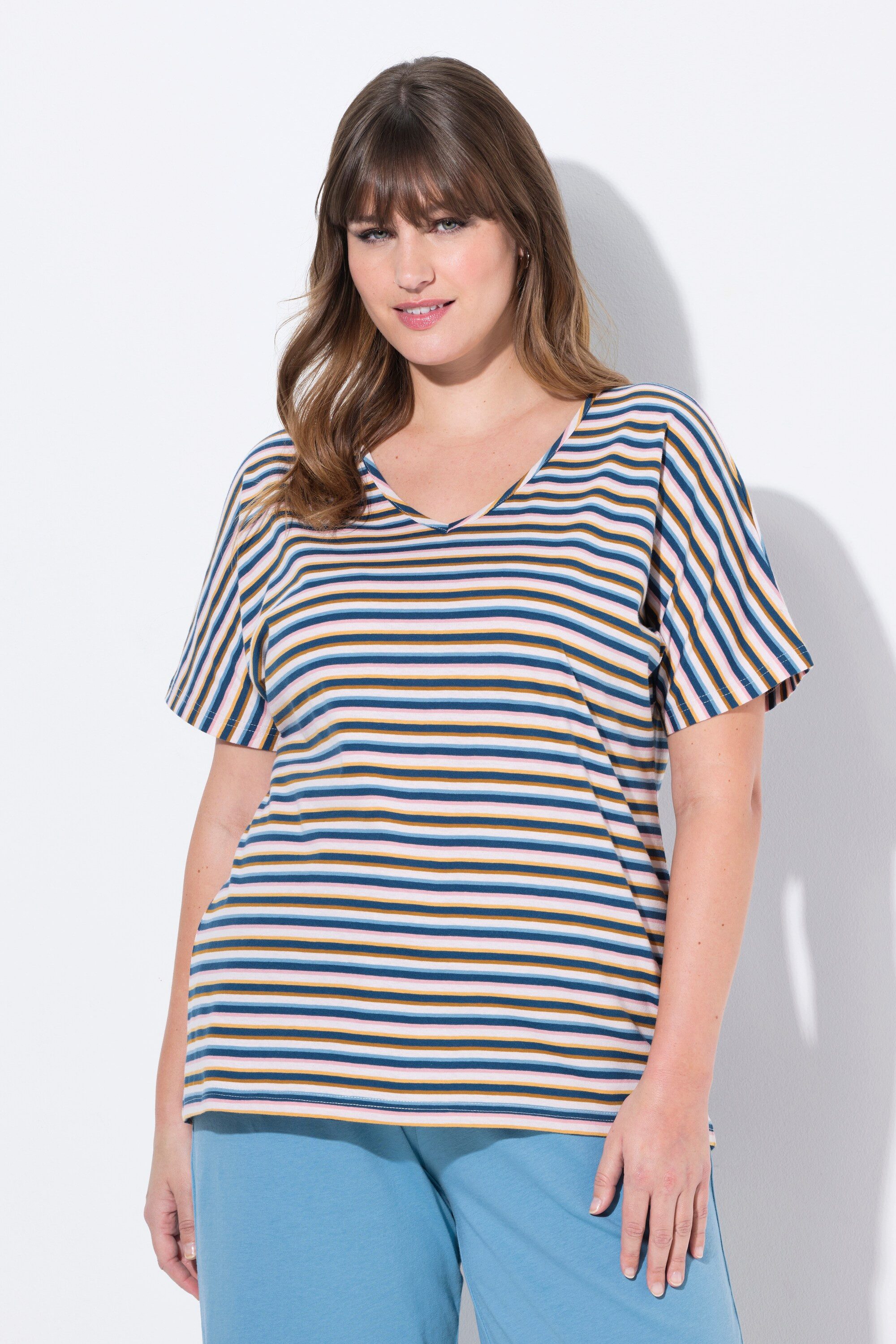 Ulla Popken Pyjama Schlafshirt Ringel V-Ausschnitt Halbarm