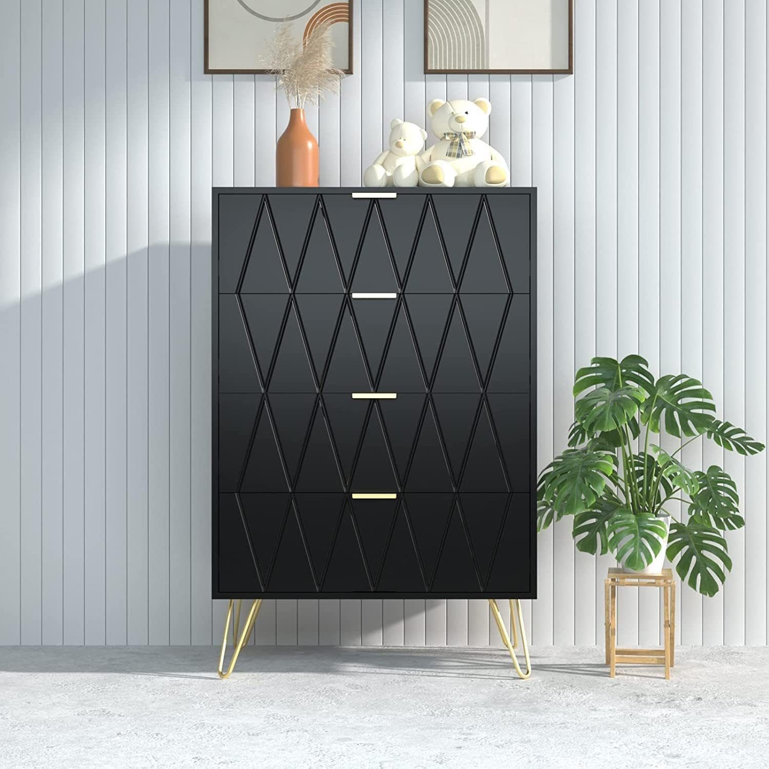UEV Kommode mit 4 Schubladen, Sideboard für Schlafzimmer,Wohnzimmer (Mehrzweckschrank aus Holz, 60 x 34 x 91 cm), Aufbewahrungskommode, Schrank für Wohnzimmer,Schlafzimmer,Flur
