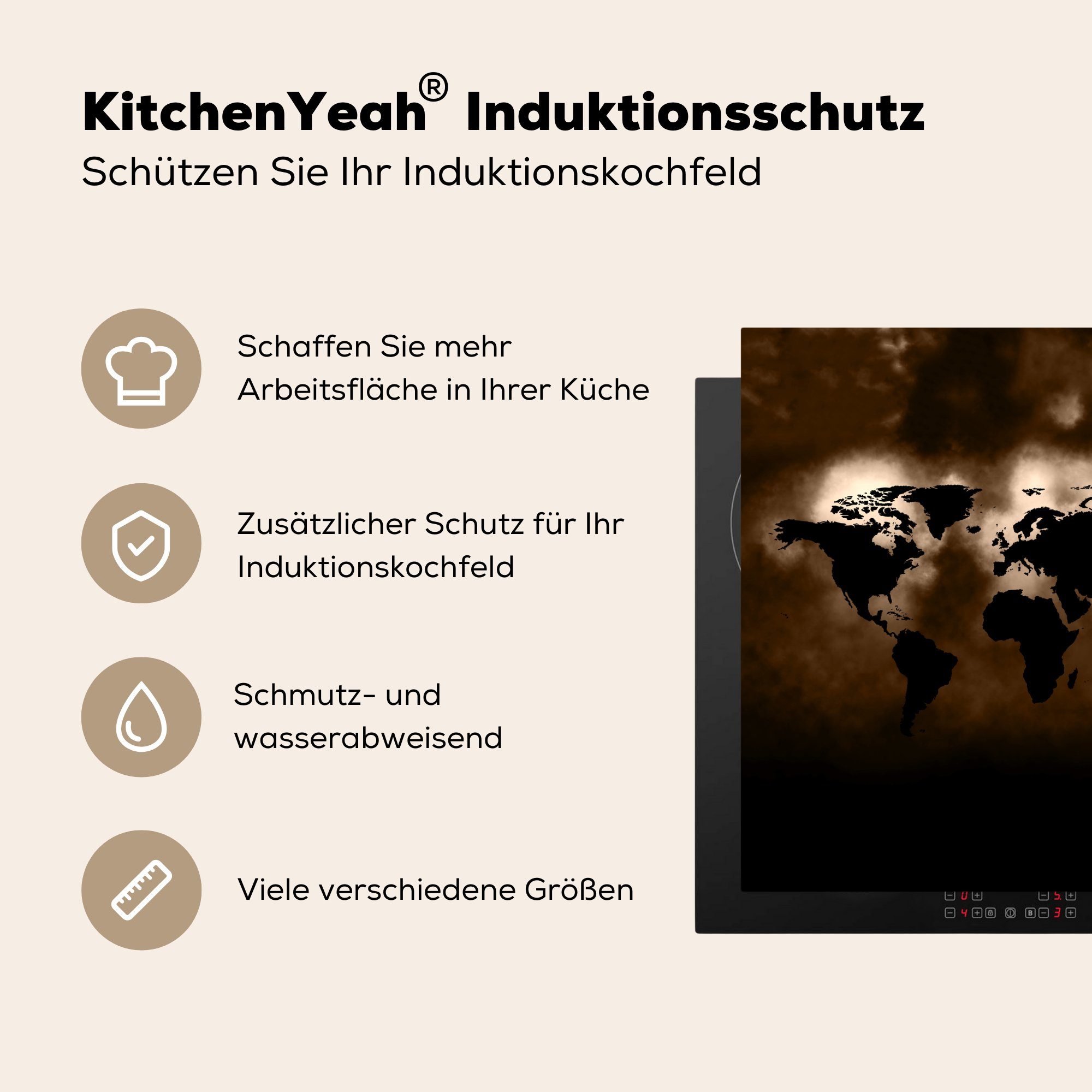 Schwarz, - 78x78 (1 MuchoWow Arbeitsplatte cm, Weltkarte tlg), - küche für Sepia Herdblende-/Abdeckplatte Ceranfeldabdeckung, Vinyl,