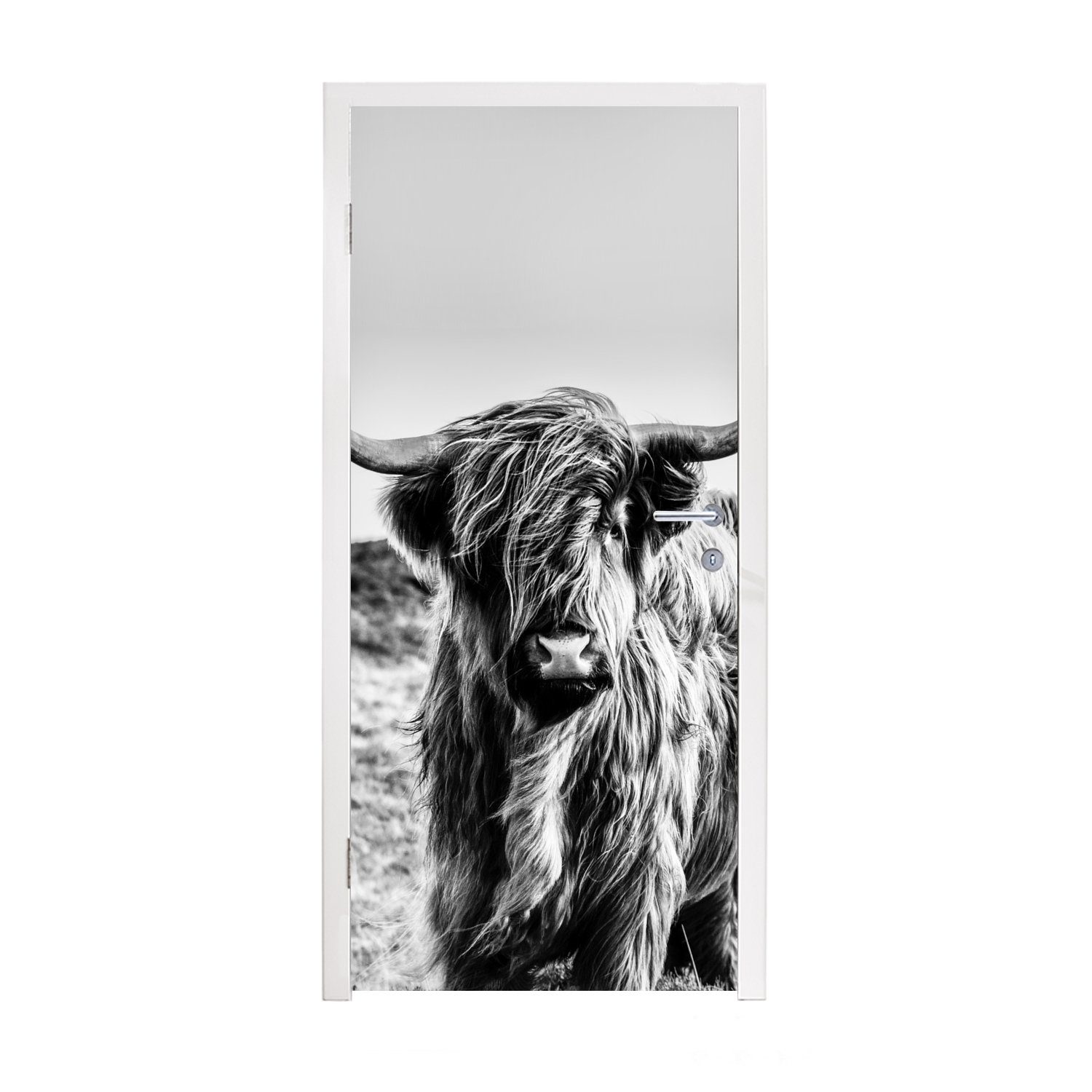 MuchoWow Türtapete Kuh - Schottischer Hochländer - Schwarz - Weiß - Tier - Natur -, Matt, bedruckt, (1 St), Fototapete für Tür, Türaufkleber, 75x205 cm