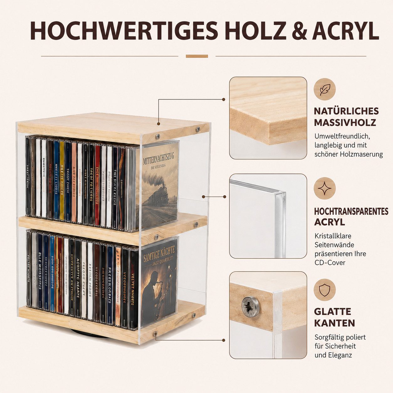 BlingBin CD-Regal Drehbarer 2 Ebenen CD-Halter aus Holz und Acryl für 36 CDs, 1er Set 1-tlg., CD-Ständer mit offener Seite und Absturzsicherung für Wohnzimmer,  – Bild 5 von 5