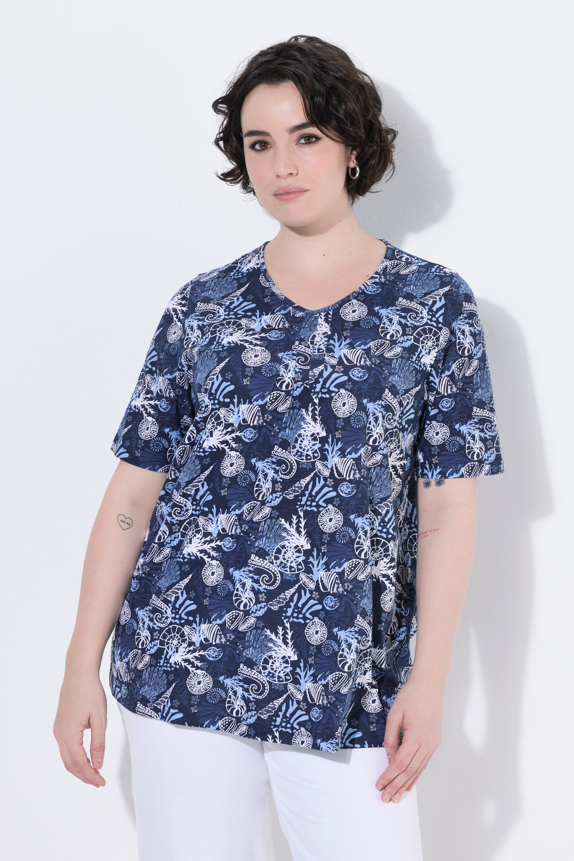 T-Shirt T-Shirt Zierfalten A-Linie V-Ausschnitt Halbarm