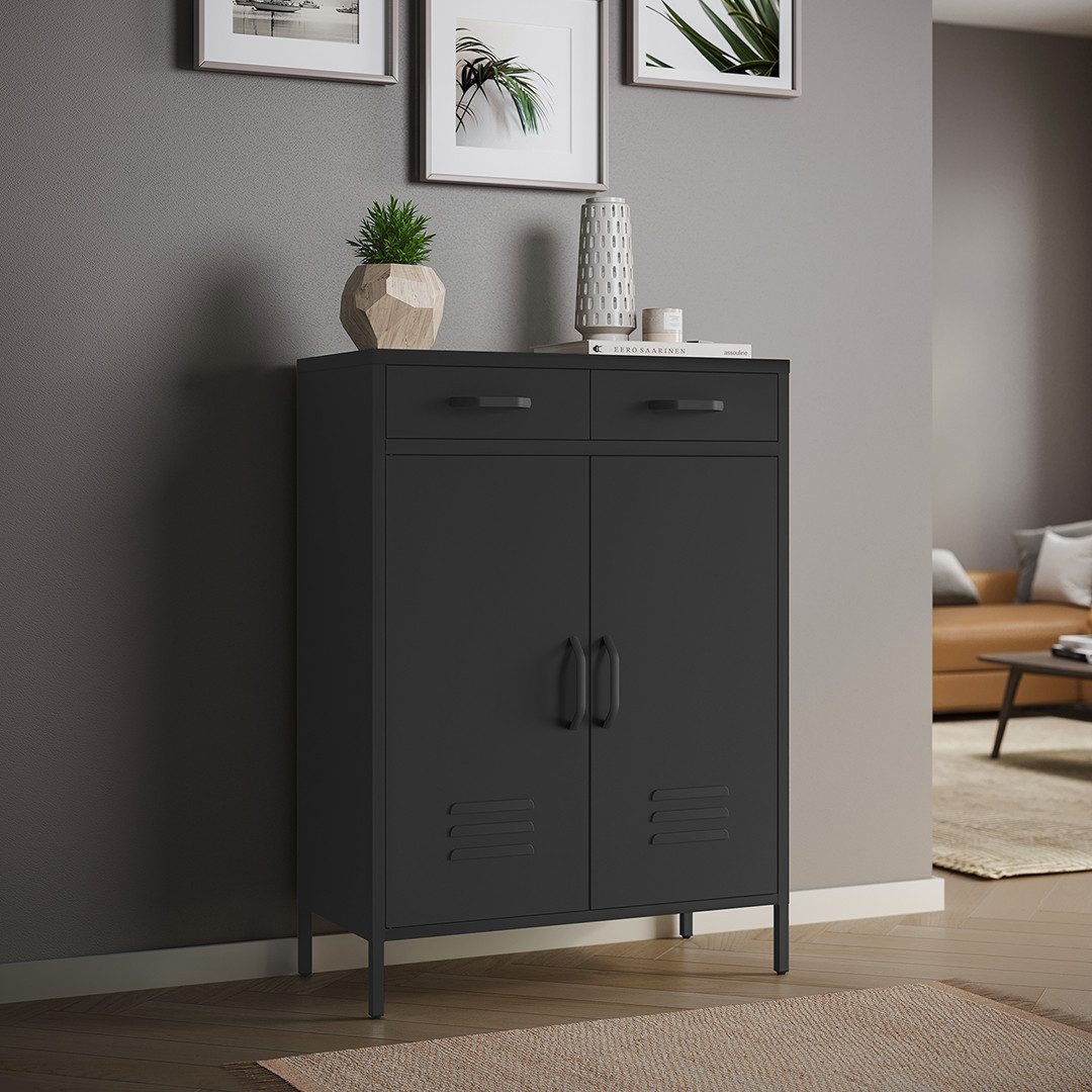 skølm Kommode Atria aus Metall, Highboard mit höhenverstellbaren Böden (Schwarz, 2 Schubladen & 2 Fächer), auch verfügbar ohne Schubladen