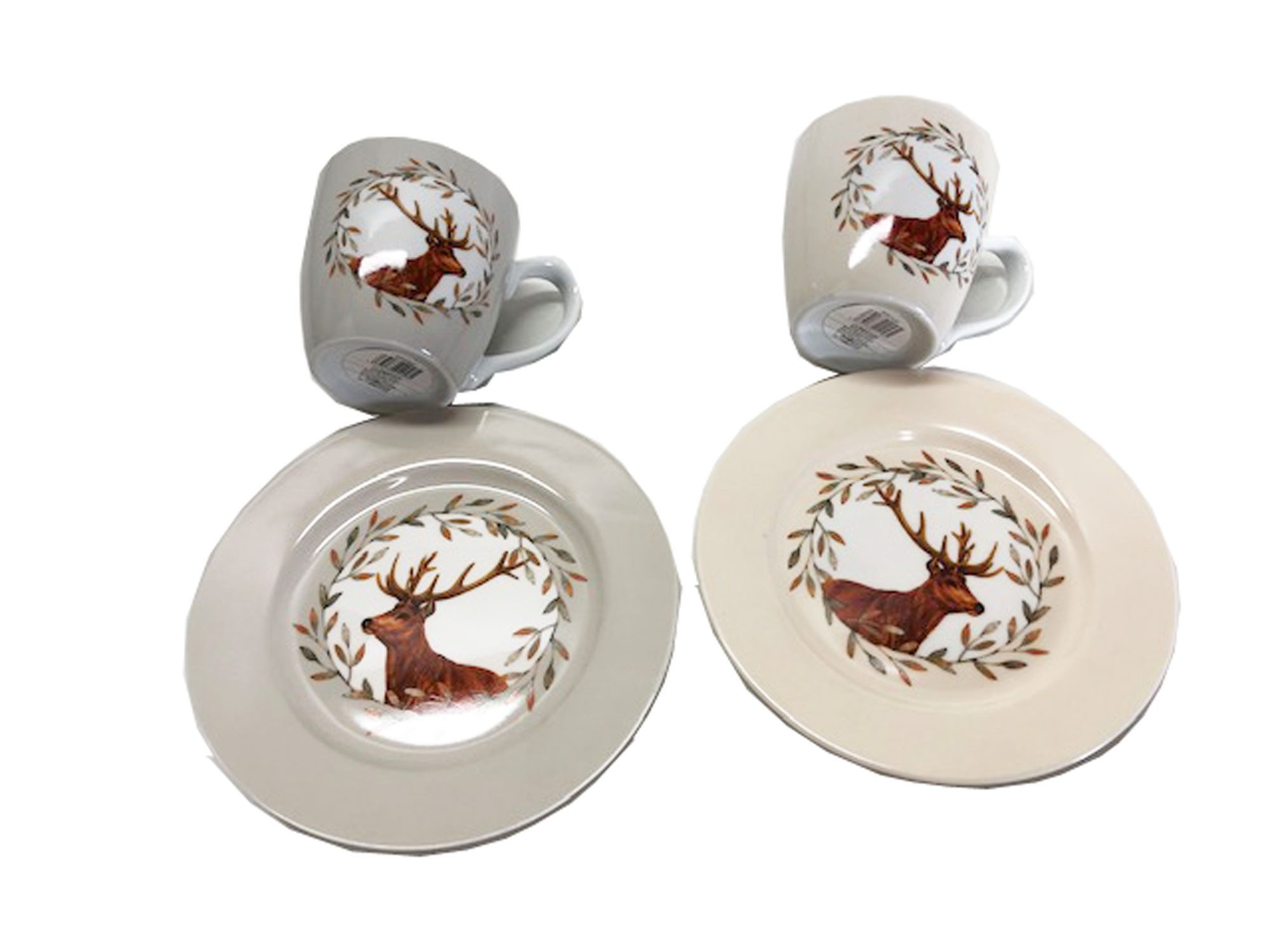 Steinnacher Bärbel Frühstücks-Geschirrset Frühstücksset Hirsch Egon 2 Teller 2 Becher (4-tlg), 2 Personen, Porzellan, 4 teilig