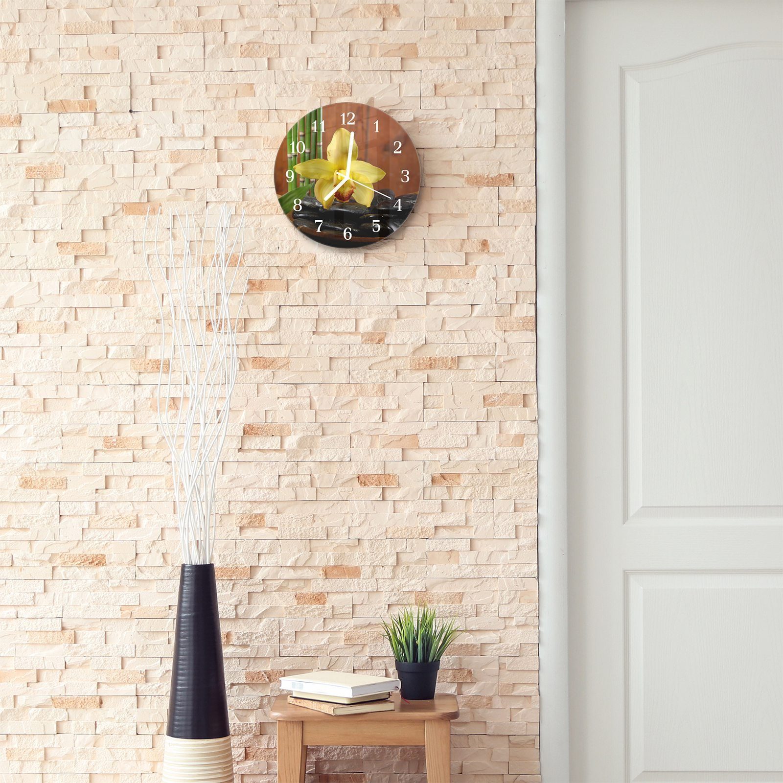 cm und Glas Orchidee Stein mit Bambus Rund - 30 Primedeco auf und Wanduhr Wanduhr mit aus Durchmesser Quarzuhrwerk Motiv