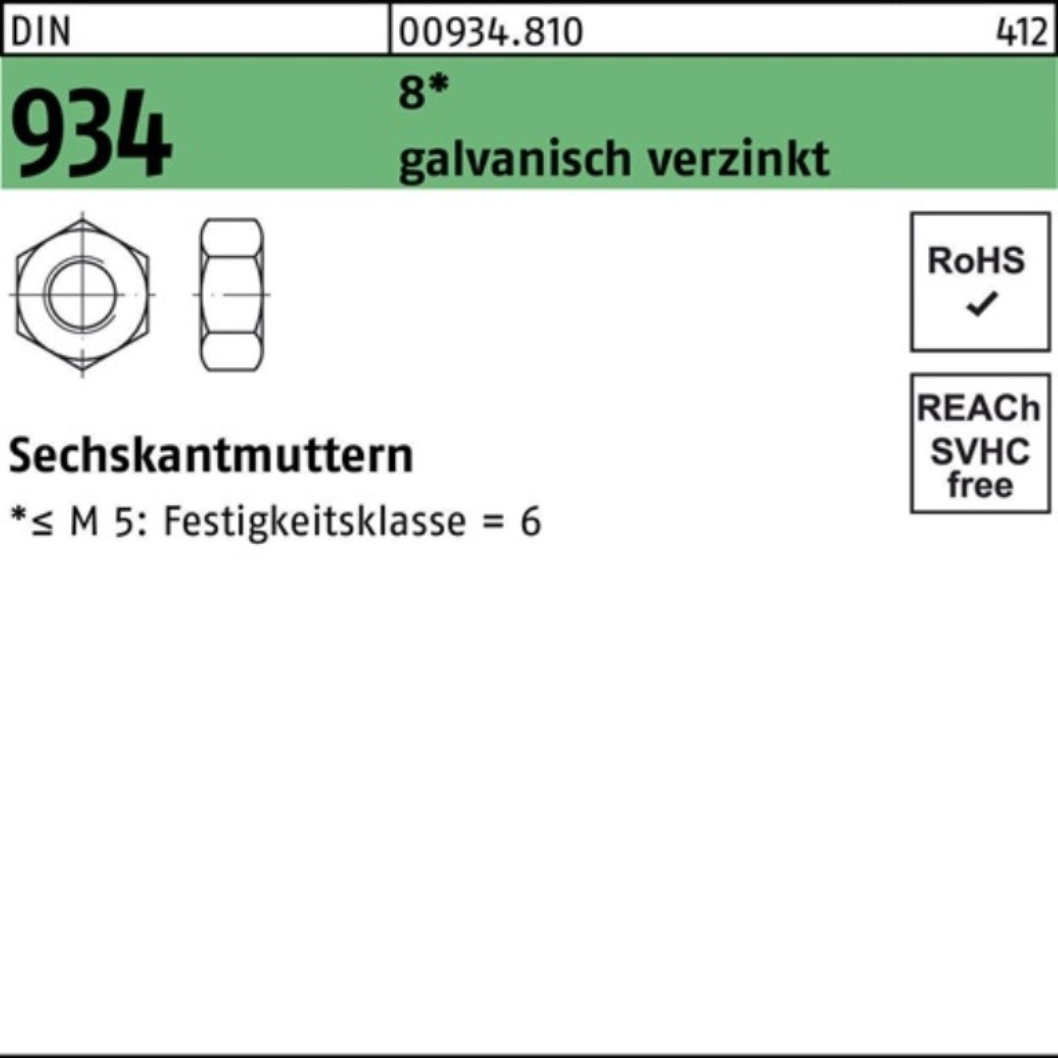 Muttern M6 1000 Pack DIN Sechskantmutter 93 galv.verz. 8 Reyher DIN 934 1000er Stück