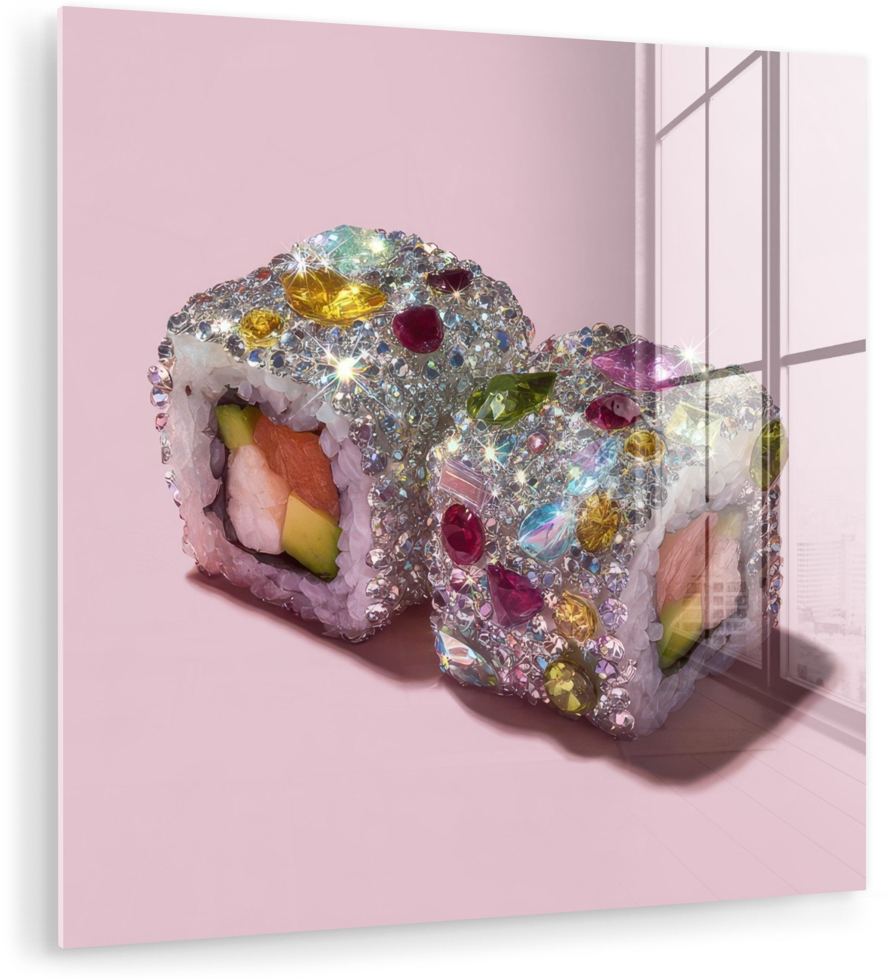 MuchoWow Acrylglasbild Sushi - Röllchen - Steine - Bunt, Inkl. Aufhängung, Bilder auf Glas Wandbild, Wanddeko Wohnzimmer Badezimmer, 20x20 cm