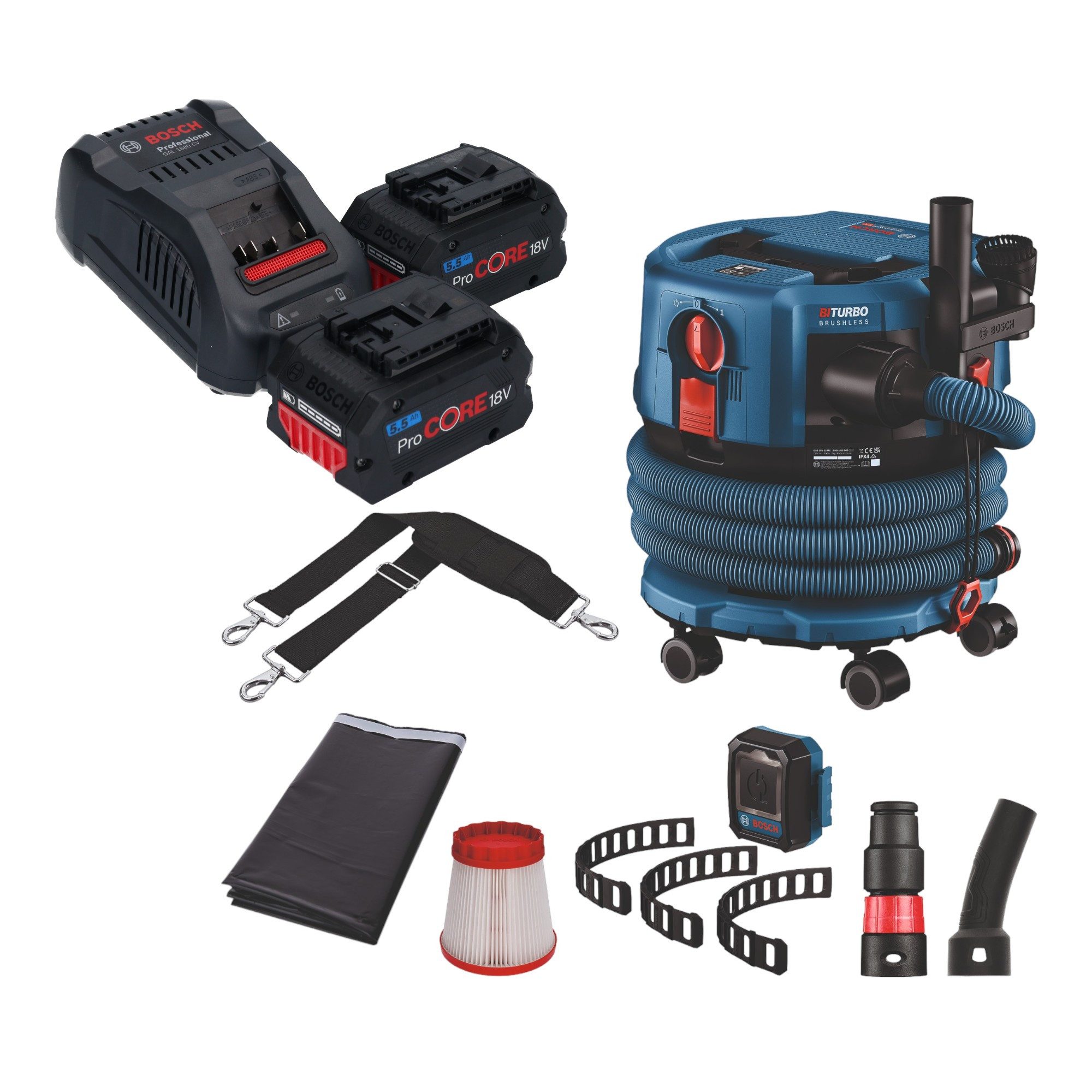 Bosch Professional Staubabsauger GAS 18V-12 MC BITURBO Brushless + 2x ProCore Akku 5,5 Ah + Lader