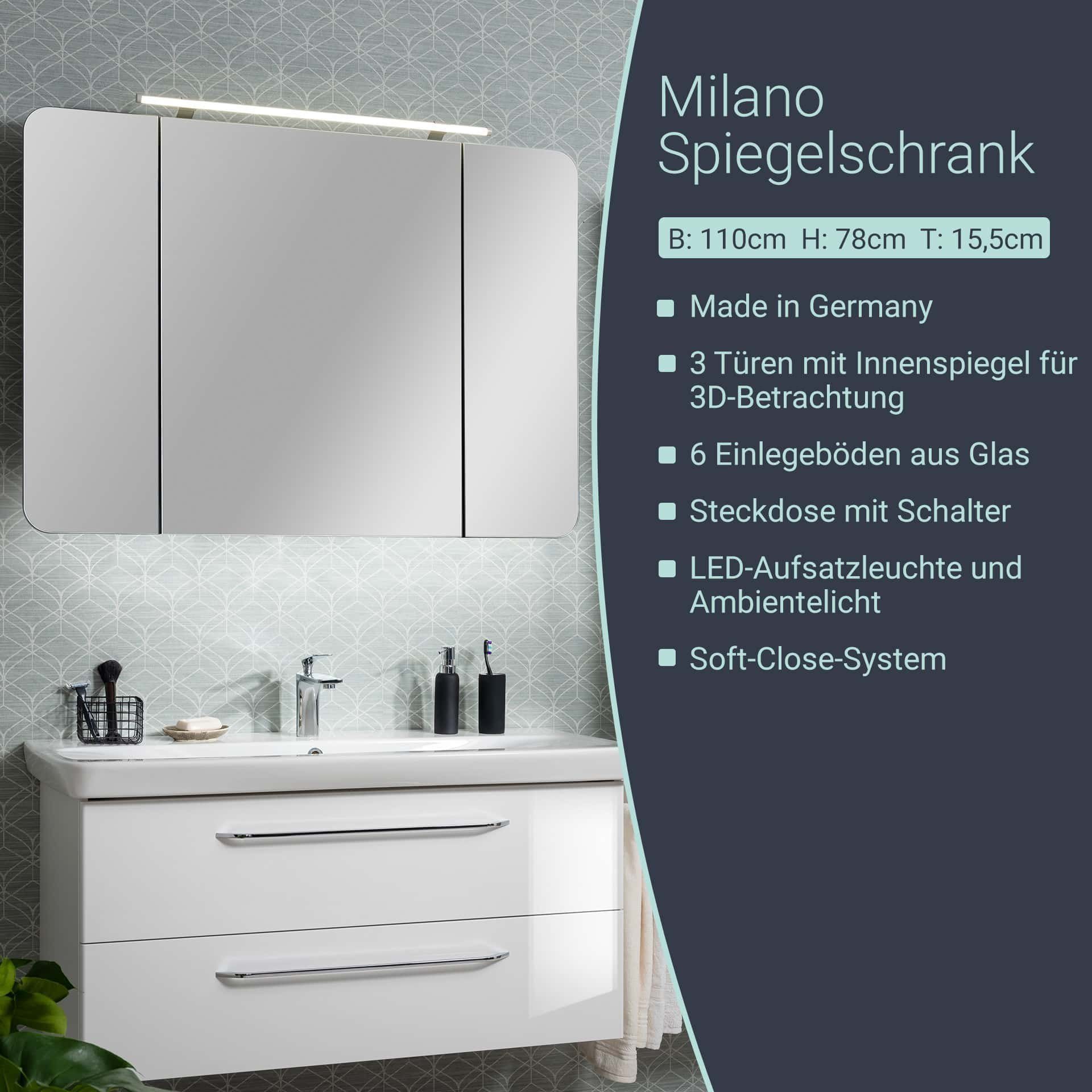 FACKELMANN Spiegelschrank Milano Badmöbel Schalter, Steckdose,  Ambientebeleuchtung | Spiegelschränke