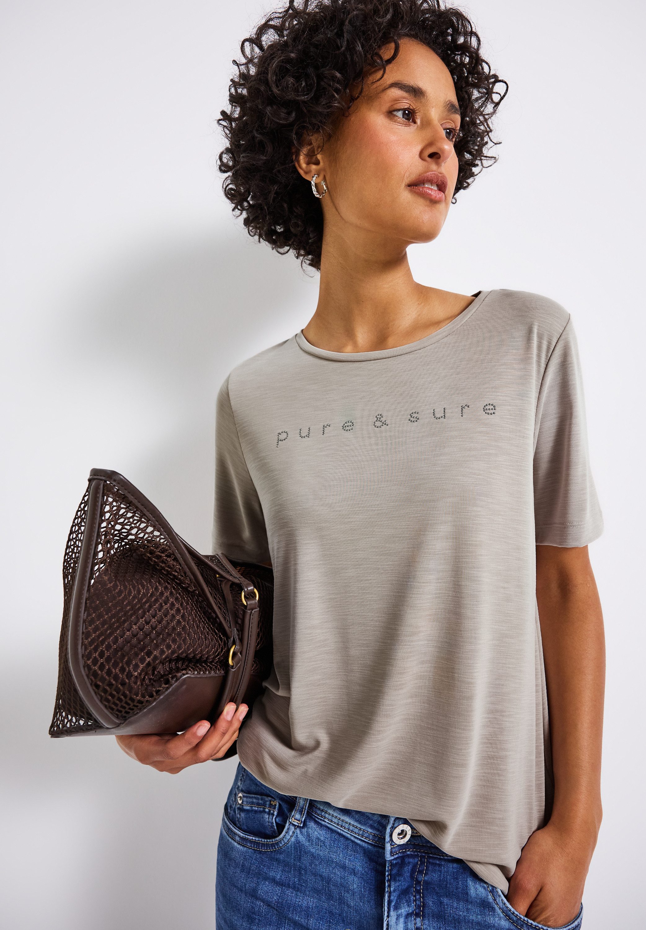 STREET ONE T-Shirt mit Wording und Schmucksteinen günstig online kaufen