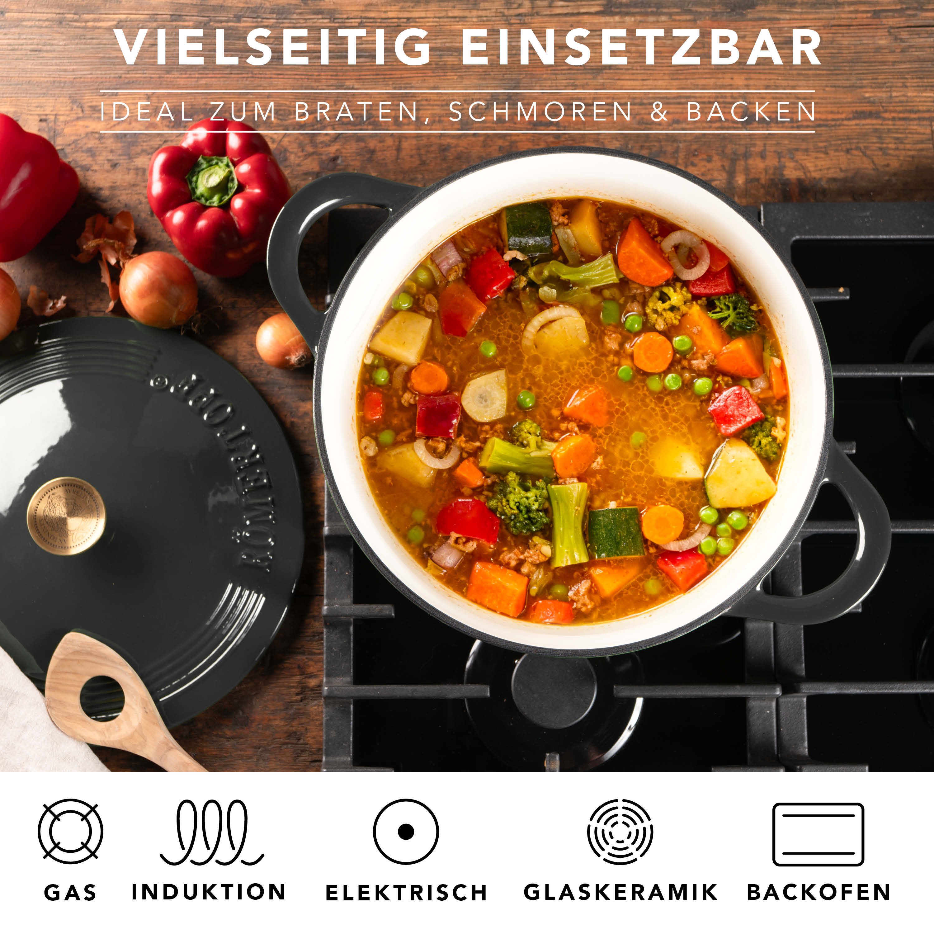 RÖMERTOPF Bratentopf Gusseisen Topf 28cm Schwarz, Gusseisen (Set, 2-tlg., Set mit Deckel), Backofengeeignet Induktionsgeeignet Zum Braten, Schmoren, Kochen