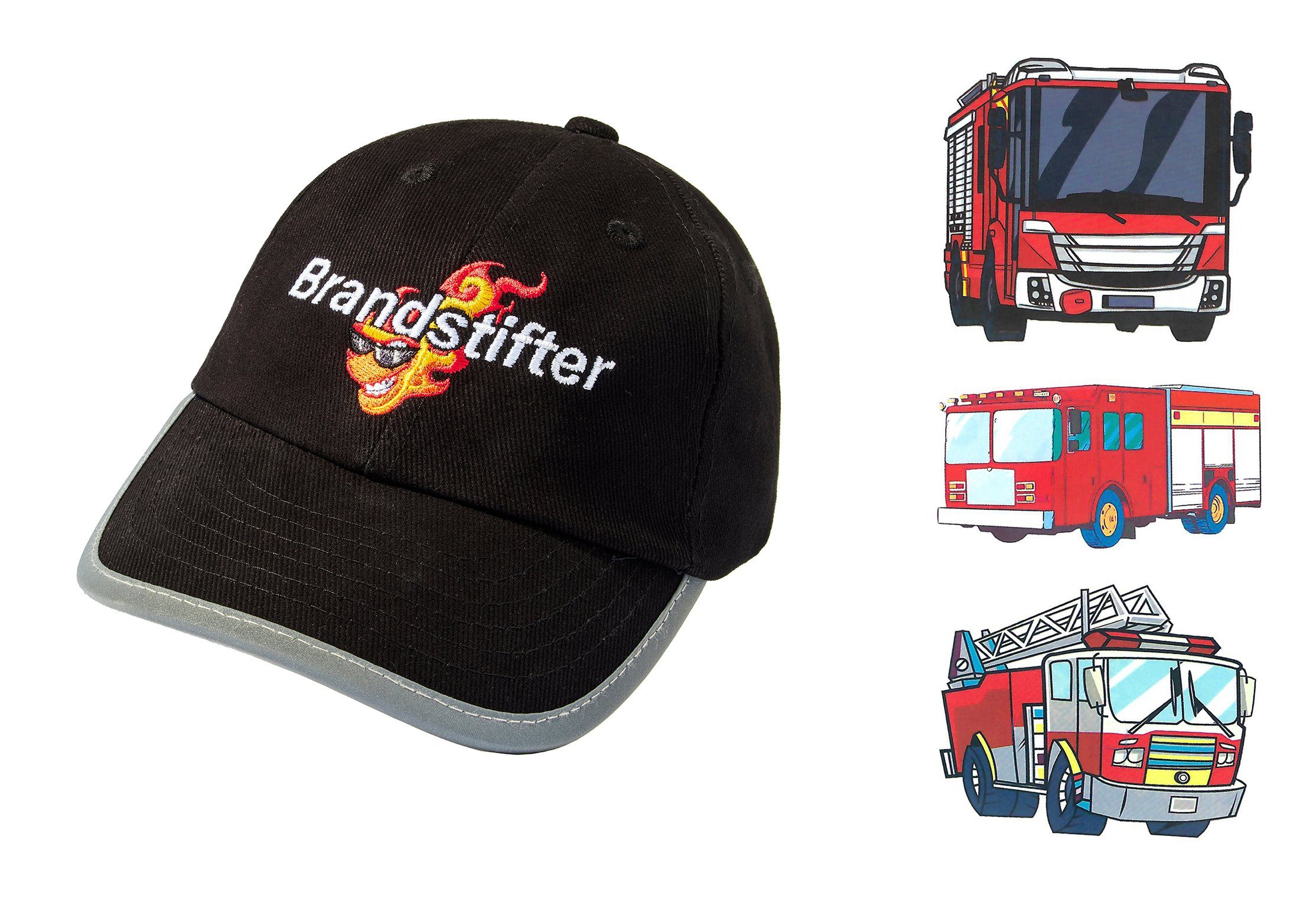 Baddery Baseball Cap Reflektoren Kappe Kinder: Brandstifter (inkl. 3 Feuerwehrauto Sticker), Stick, One Size Einheitsgröße, Klett-Verschluss