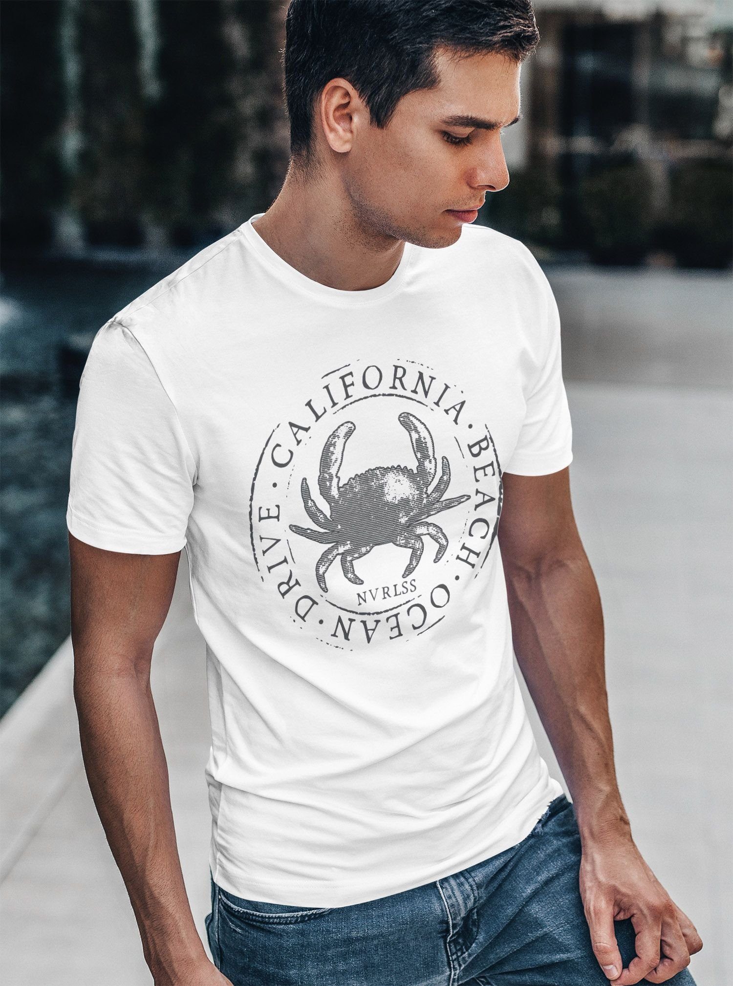 Crab Neverless Herren Drive Print Neverless® mit weiß California Ocean Krebs Fashion Streetstyle Sommer Krabbe Print-Shirt T-Shirt Beach