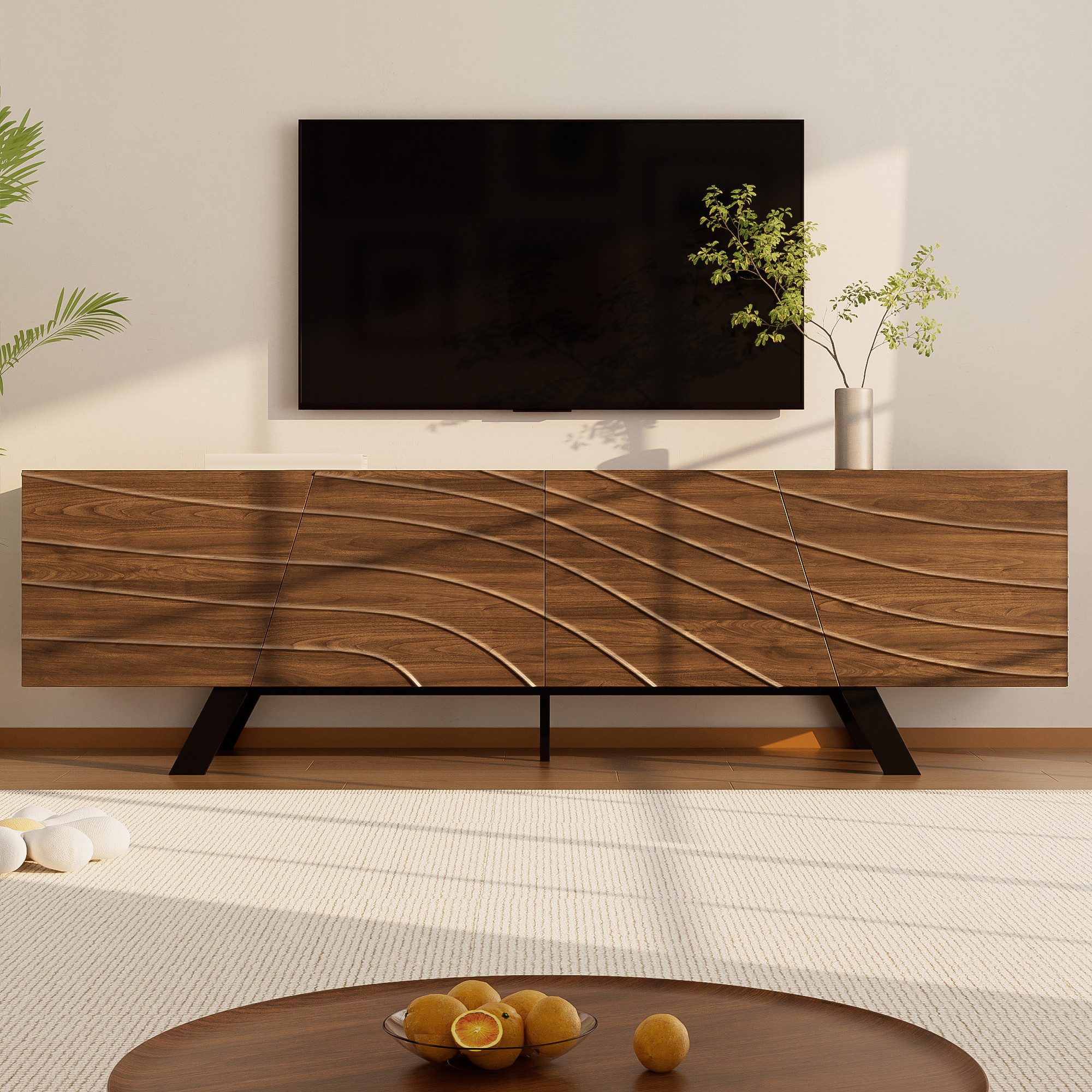 OKWISH Lowboard mit Wellenfront im Walnuss (Packung, 1 St., MDF), mit schwarzen Eisenbeinen, Kabelmanagement und Ablage