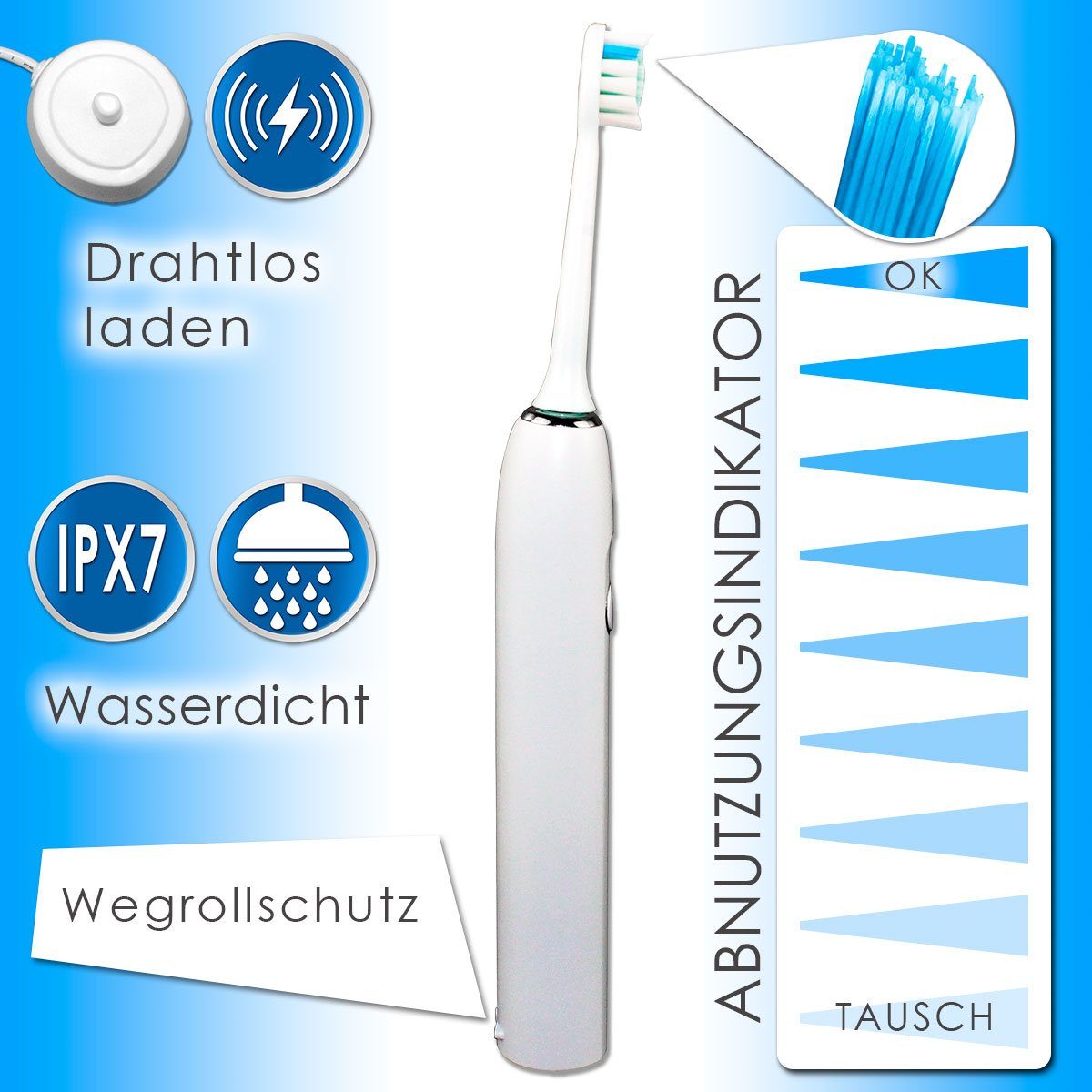@tec Elektrische Zahnbürste Schallzahnbürste ultraleicht 5 Reinigungsmodi 38.000 Schwingungen/min, Aufsteckbürsten: 3 St., Bis zu 100 Tage Akkulaufzeit, IPX7, USB, Wiederaufladbar