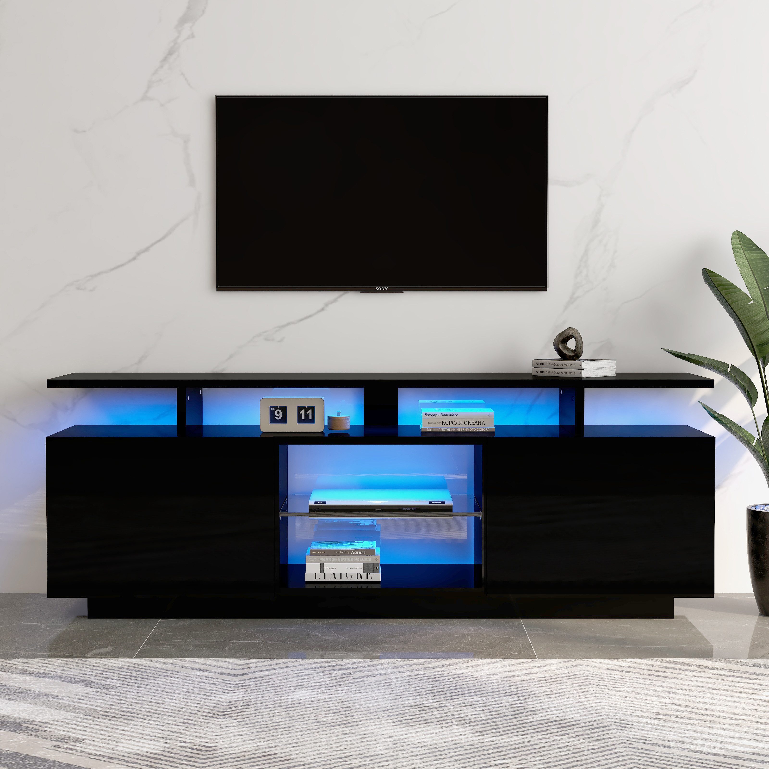 KLAM HOME Lowboard Weißes Lowboard Mit 16-Farbiger LED Beleuchtung (140cm TV Schrank Für Bis Zu 60 Zoll Fernseher), Moderner Aufbewahrungsschrank Mit App-Steuerung