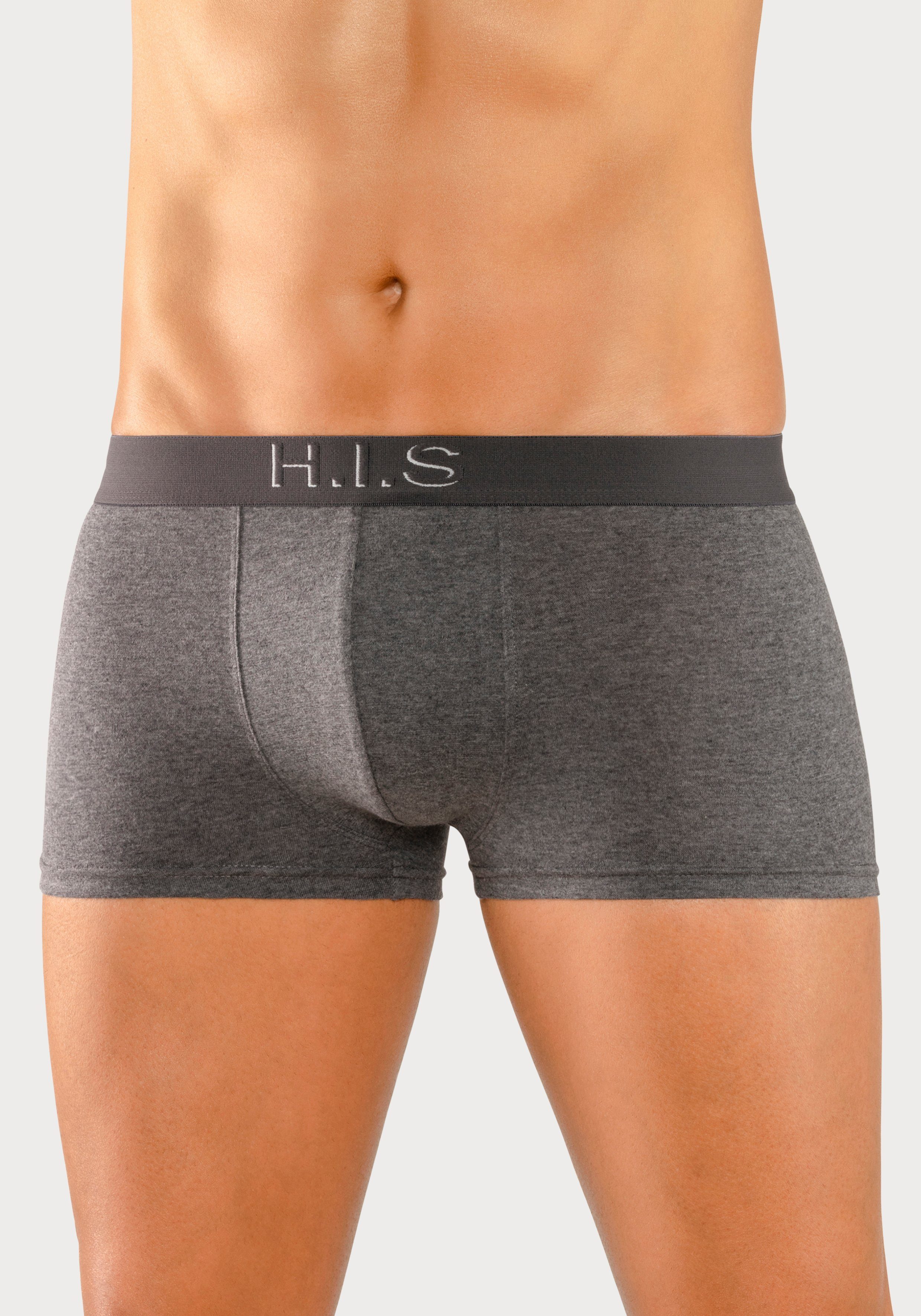 H.I.S Boxershorts (Packung, 5-St) in Hipster-Form schwarz, am rot, Logoschriftzug Effekt grau-meliert, blau mit navy, 3D Webbund mit