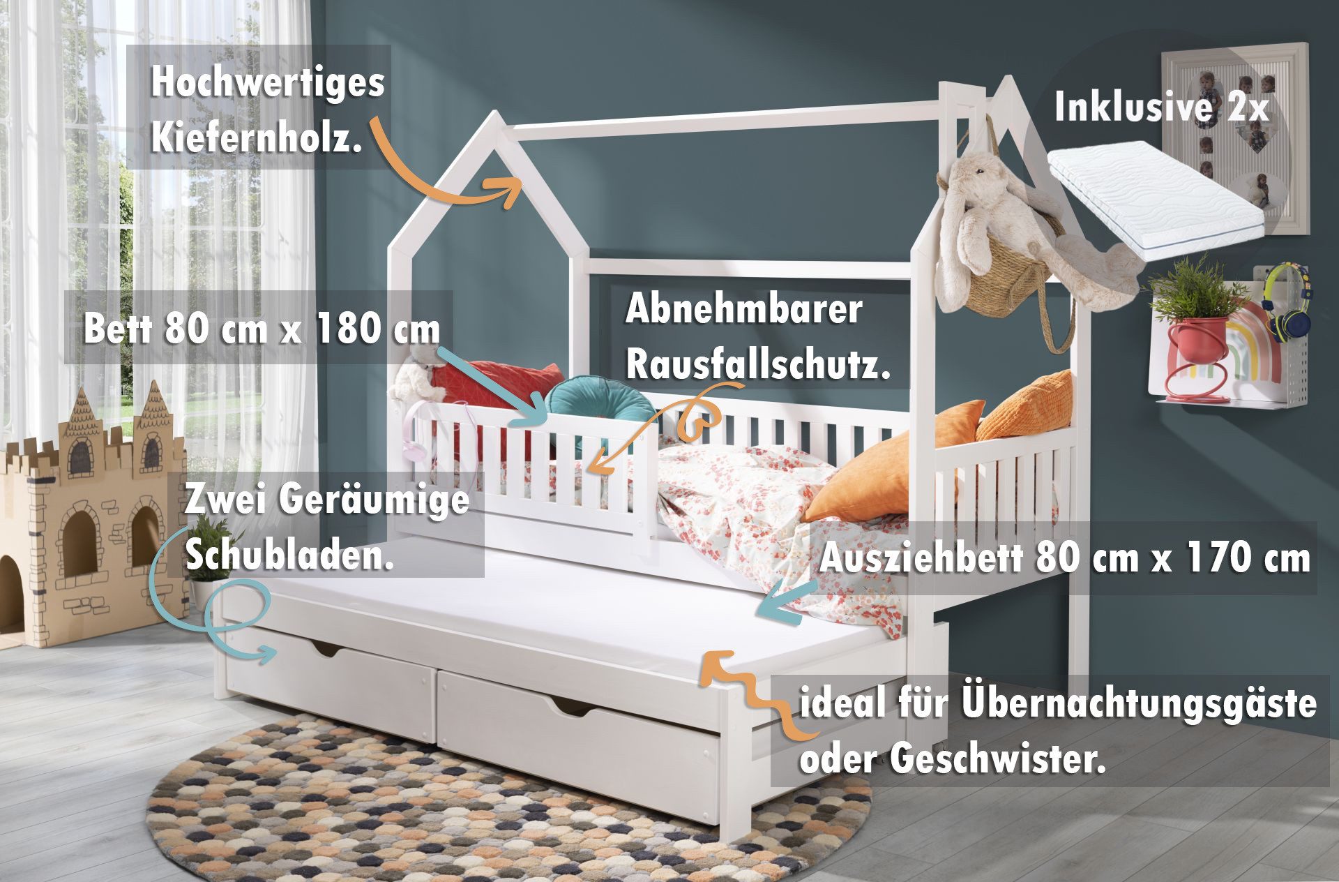 thematys Kinderbett Hausbett mit Ausziehbett und 2 Schubladen weiß / Natur günstig online kaufen