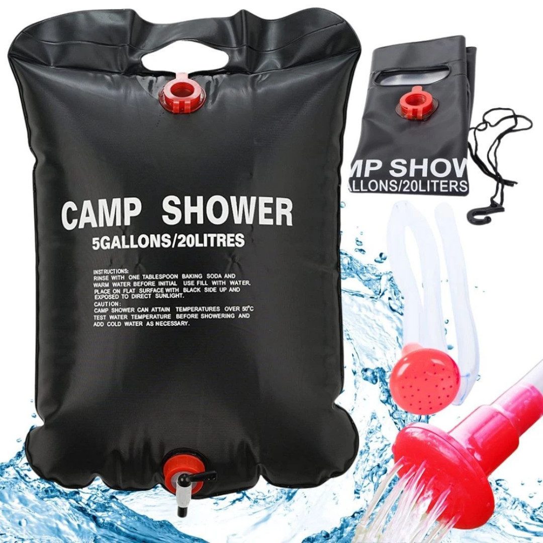 VERK GROUP Gartendusche Solardusche Camping Outdoor Gartendusche faltbar mit Thermometer (Solardusche / Campingdusche, 1 St., 20L solar shower with hose, shower head, reinforcing pipe), 20-Liter-Tank; solarbeheizt; faltbar; platzsparend; tragbar