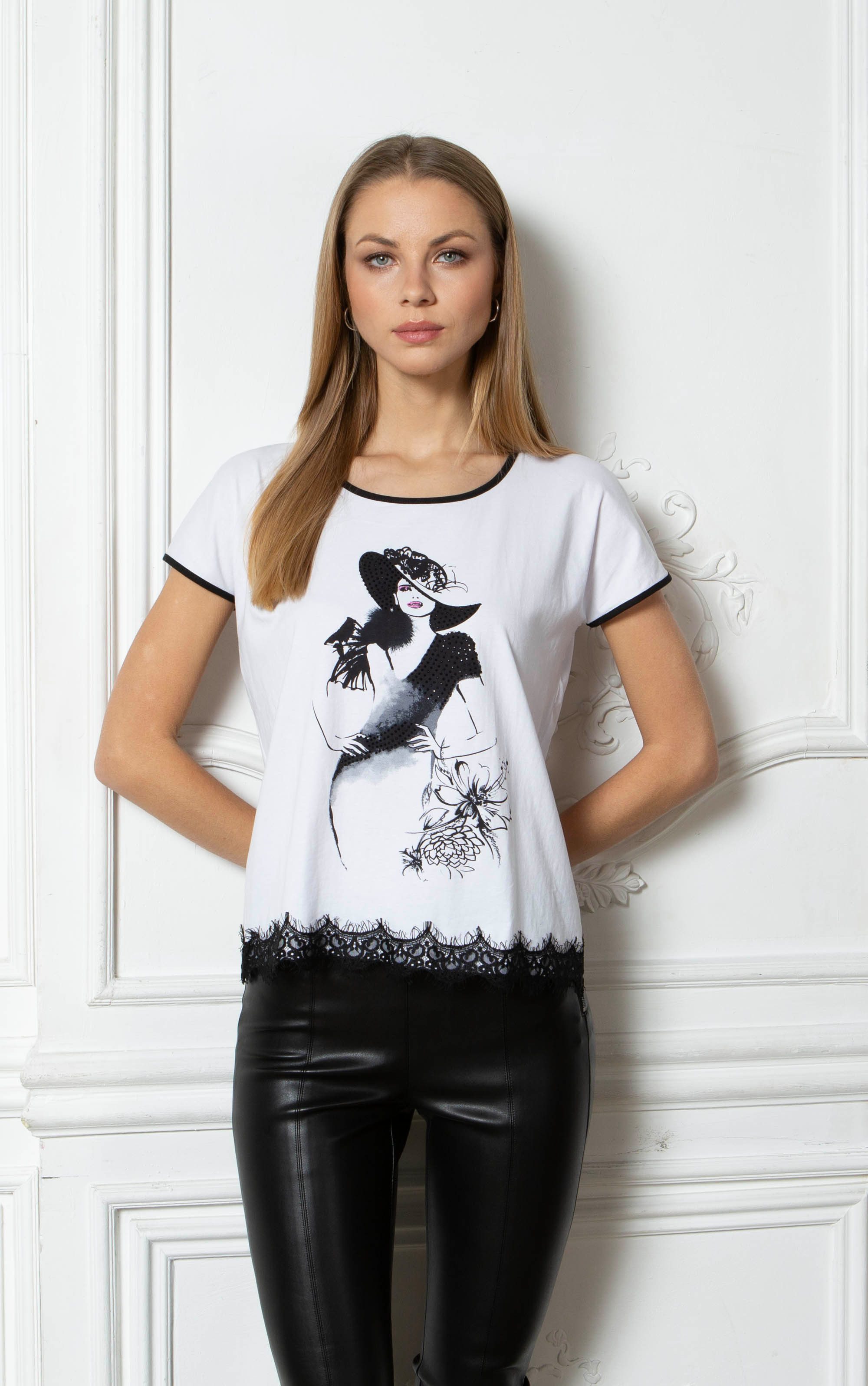 Passioni Print-Shirt mit Modeillustration, Schwarzer Spitze und Kontrastbes günstig online kaufen