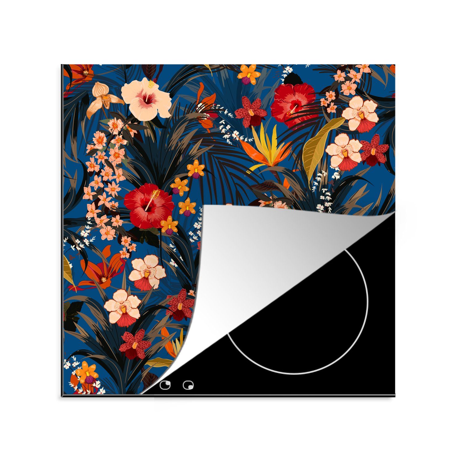 MuchoWow Herdblende-/Abdeckplatte Blumen - Hibiskus - Tropisch - Muster, Vinyl, (1 tlg), 78x78 cm, Ceranfeldabdeckung, Arbeitsplatte für küche