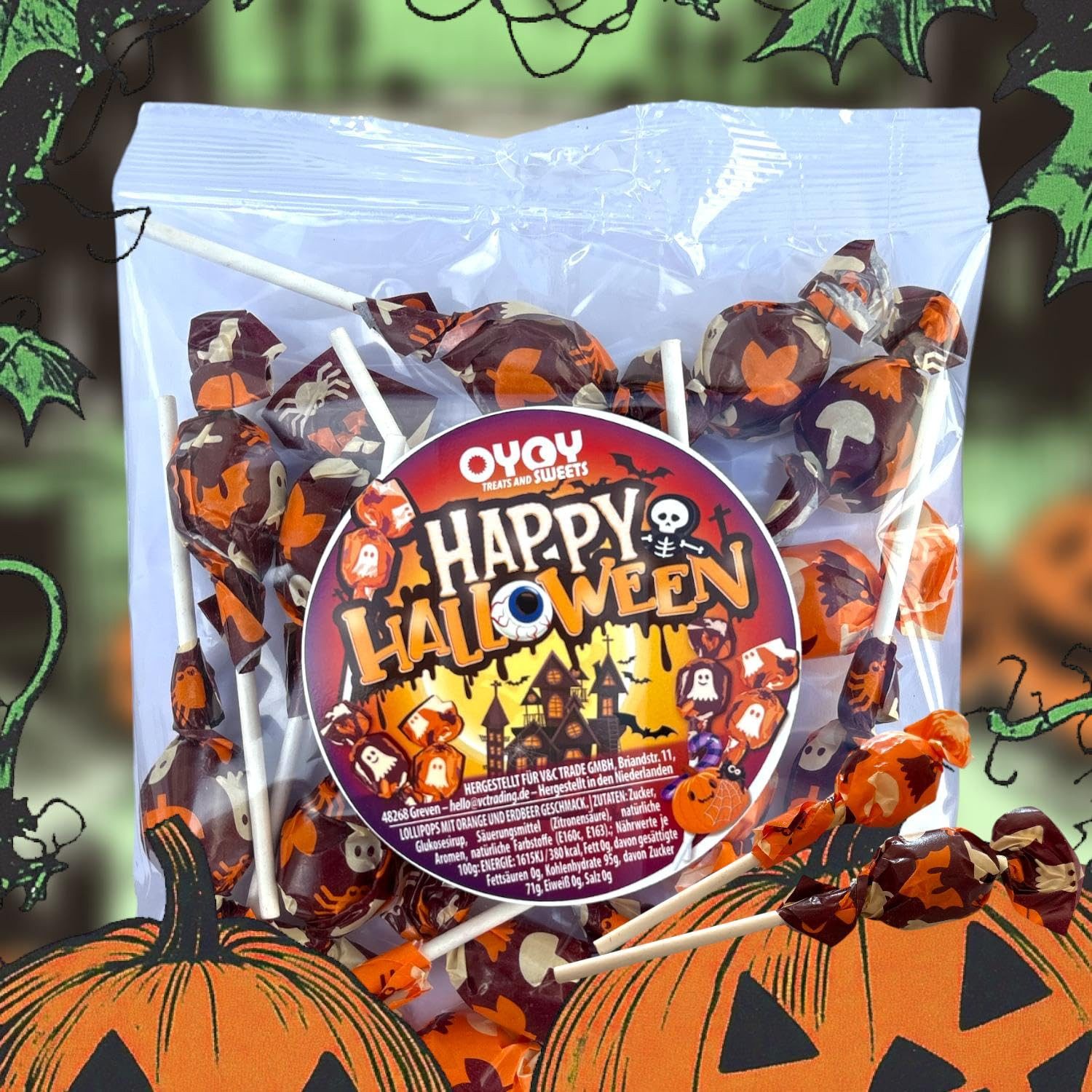 OYOY Süßigkeit OYOY Halloween-Lutscher mit 2 Sorten – 15 Stück, 150 g, 1 x 150 g, 15 St. (1 Beutel mit 15 Lutschern), für Halloweenpartys
