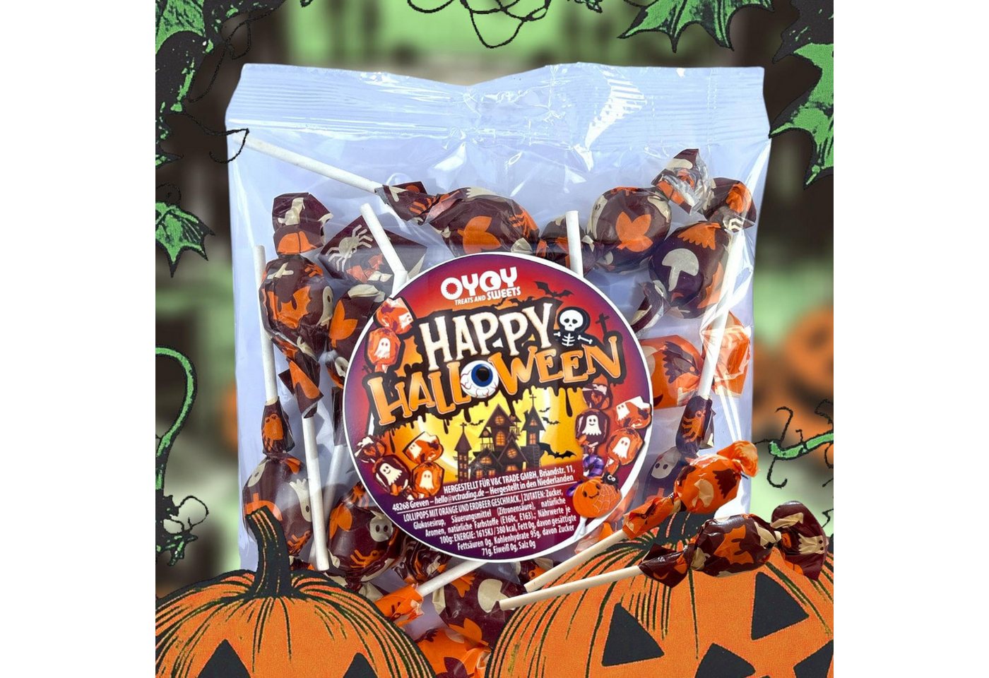 OYOY Süßigkeit OYOY Halloween-Lutscher mit 2 Sorten – 15 Stück, 150 g, 1 x 150 g, 15 St. (1 Beutel mit 15 Lutschern), für Halloweenpartys, Süßes oder Saures, Partytüten und Gastgeschenke