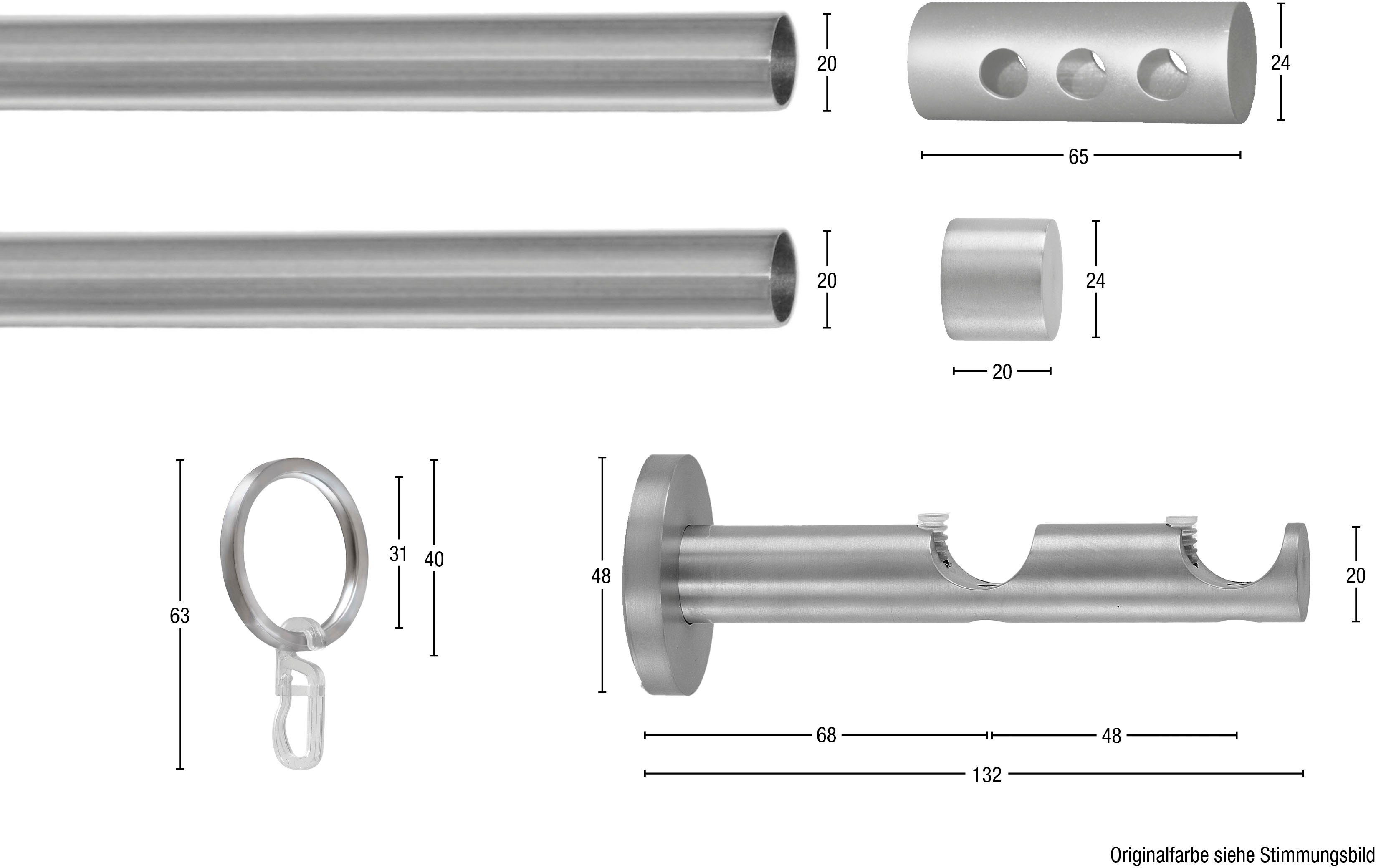 GARESA Gardinenstange EASY, Ø 20 mm, 2-läufig, Wunschmaßlänge, mit Bohren, verschraubt, Aluminium, Vorhanggarnitur, verlängerbar, Endk. mit 3 Löcher, Alu, m. Ringe