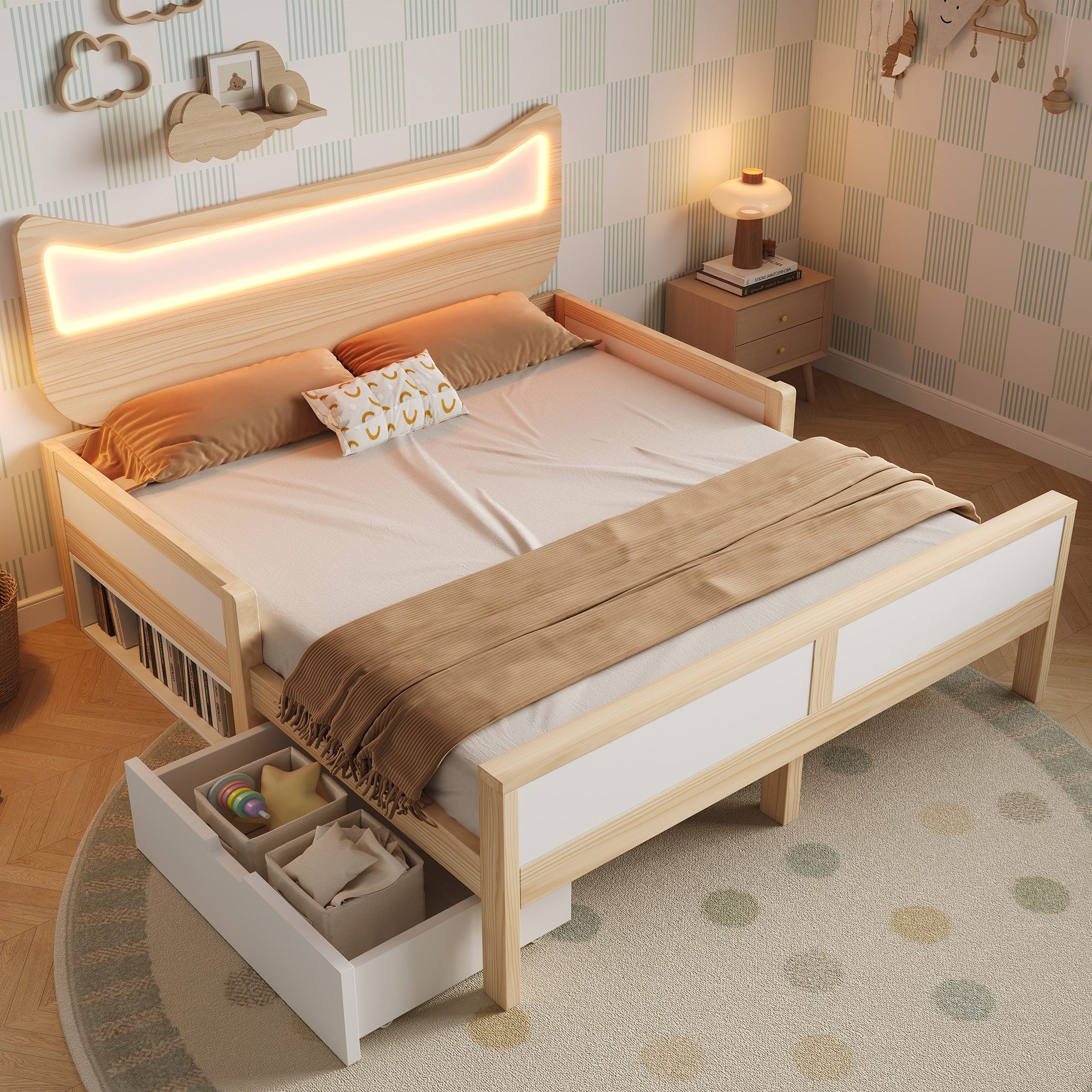 Flieks Kinderbett flexible Schublade & Staufach links/rechts montierbar, Massivholzbett 140×200 cm mit Katzenohren Kopfteil und LED‑Beleuchtung