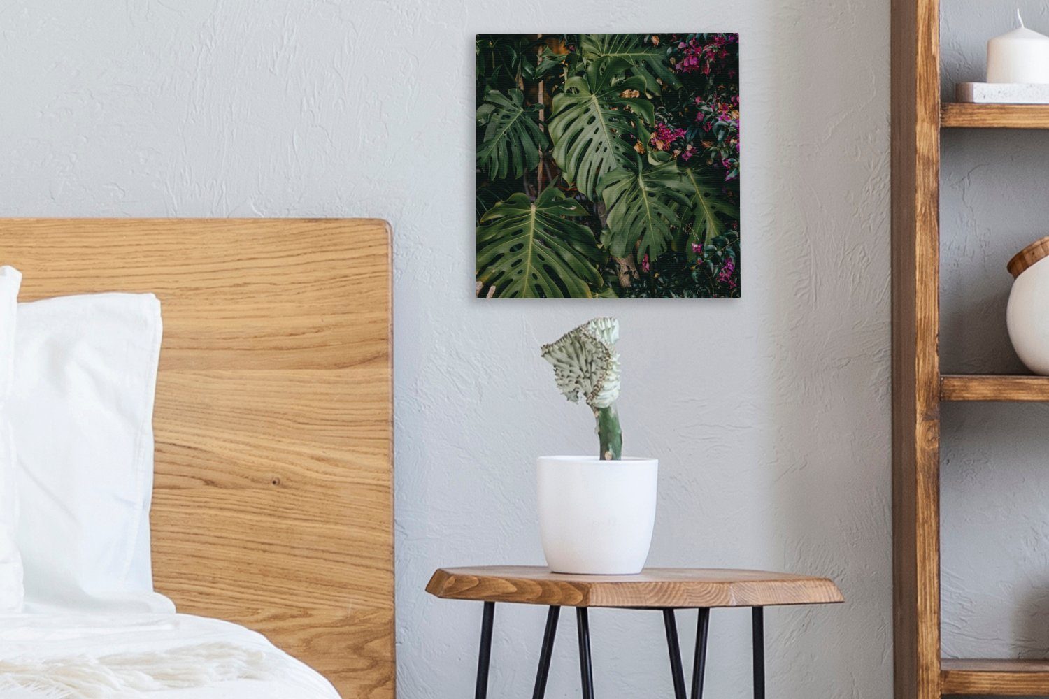 Blüten, rosa St), Monstera Bilder Schlafzimmer für Grüne (1 Leinwandbild Wohnzimmer mit OneMillionCanvasses® Leinwand