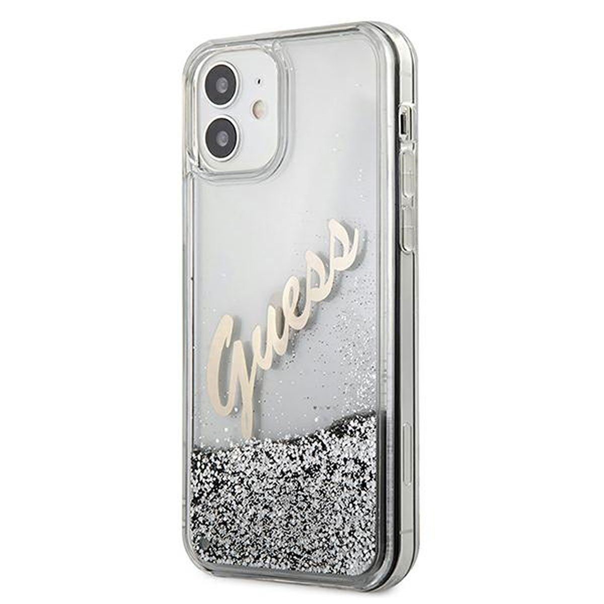 Handyhülle Guess Apple iPhone 12 Mini Silber Glitter Vintage Script Glitzer Hard Case Cover Schutzhülle Etui