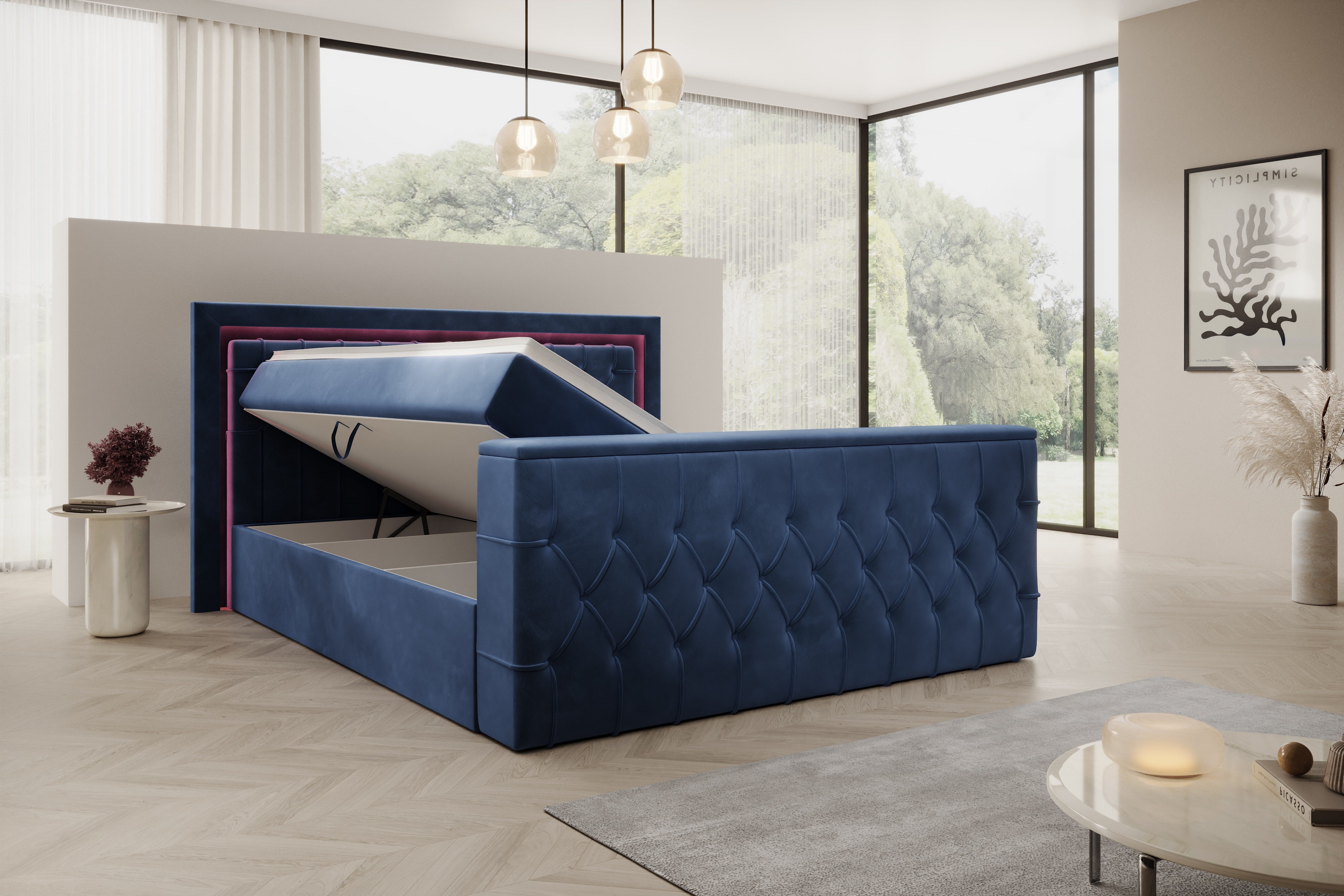 PROMETO Möbel Boxspringbett Doppelbett 180x200cm mit Matratze, Bettkasten TV-Lift LED Beleuchtung