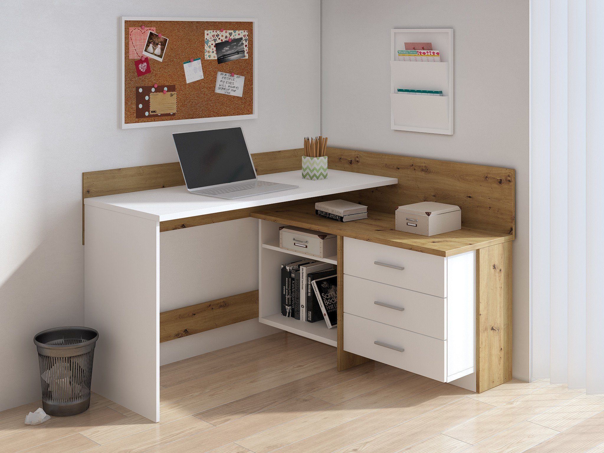 Domando Schreibtisch Kontrastfarben Weiß 130cm, zwei Schreibtisch Maiori in Breite Arbeitsflächen Artisan in Eiche und Matt,