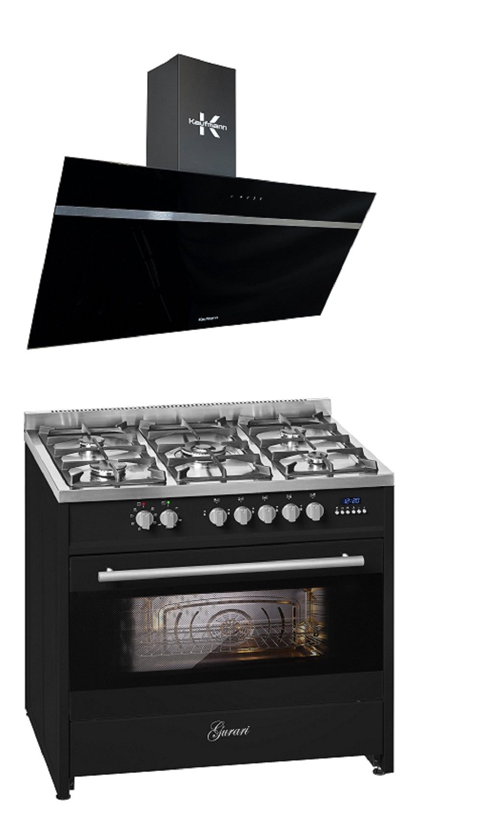 GURARI Gas-Standherd Gas Elektro Standherd 90 cm 121 L Erdgas Fl.Gas 4 Kw WOK mit KAUFMANN VIKTORIA 90 BL Kopffrei-Dunstabzugshaube 1000 m³/h, 90 cm GCH E 911 BL+VIKTORIA 90 BL, mit 1-fach-Teleskopauszug