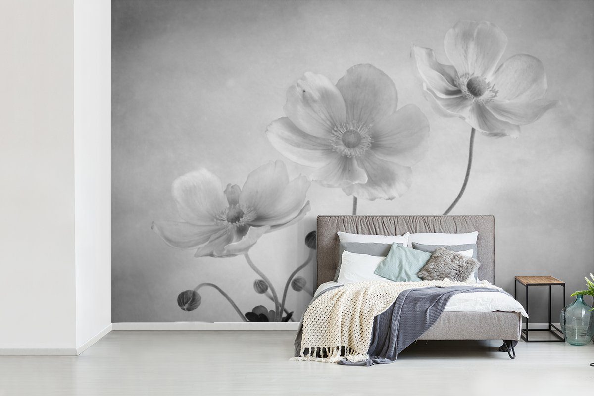 (6 Schwarz - Fototapete - Blumen, Weiß Kinderzimmer, Stilleben MuchoWow Tapete Vinyl Matt, für St), Wallpaper bedruckt, Wohnzimmer, und Schlafzimmer,