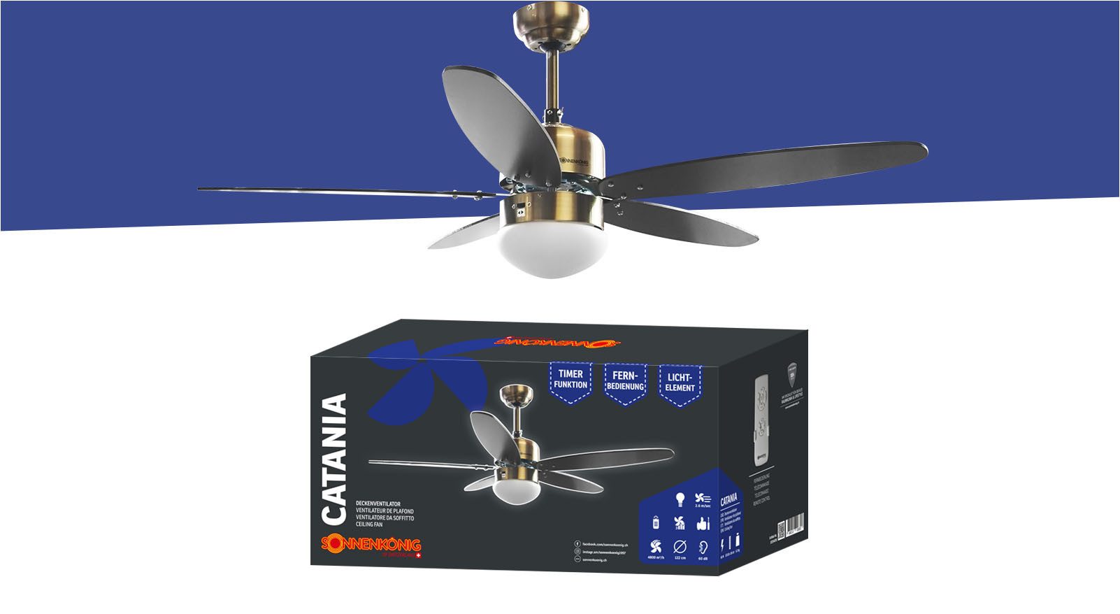 Sonnenkönig Deckenventilator Catania, Leistung 70W, laufruhig, Fernbedienung, Lampe, 3 Ventilationsstufen, 5 Blätter