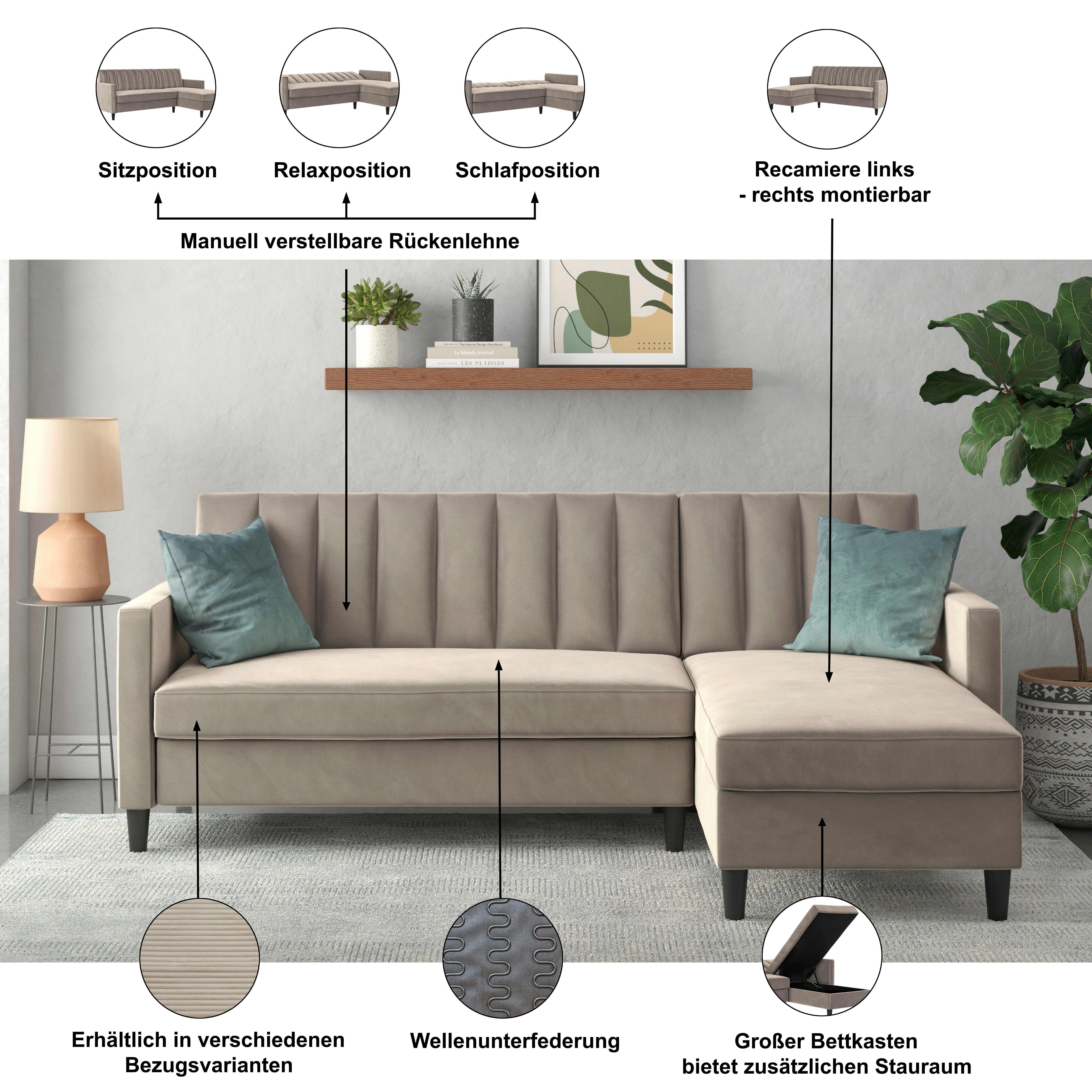 Dorel Home Ecksofa Celine, L-Form, mit Bett-Funktion und Stauraum. Recamiere beidseitig montierbar