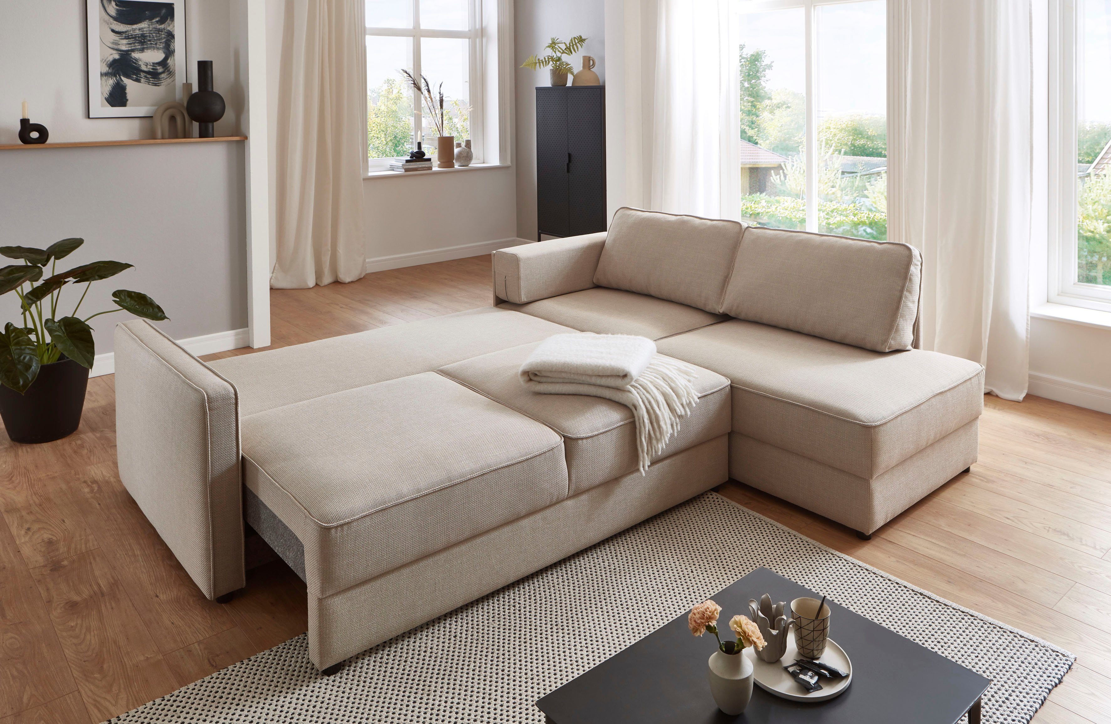 ATLANTIC home collection mit creme Chill, Schlafsofa Ecksofa und Bettkasten Bettfunktion