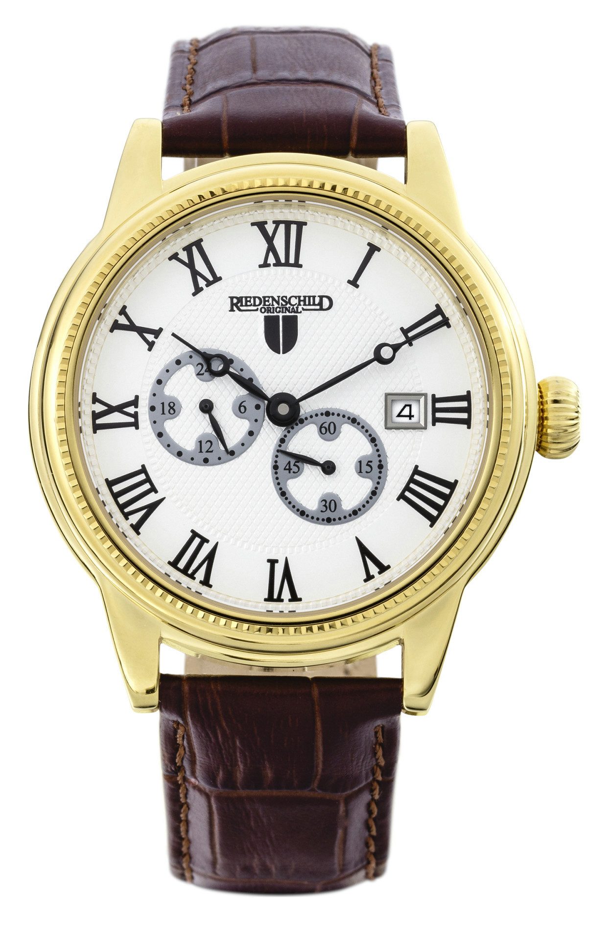 Riedenschild Automatikuhr RS7609-03, 42 mm – Vergoldete Herrenuhr mit braunem Lederband, Klassisches Design mit Sichtboden & Automatikwerk