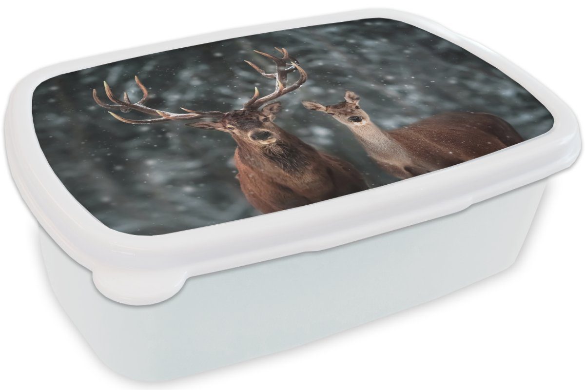 MuchoWow Lunchbox Hirsche - Tiere - weiß - Kinder (2-tlg), für für Geweih Mädchen Brotdose, Brotbox Winter und Schnee - - Erwachsene, und Jungs Kunststoff, Natur