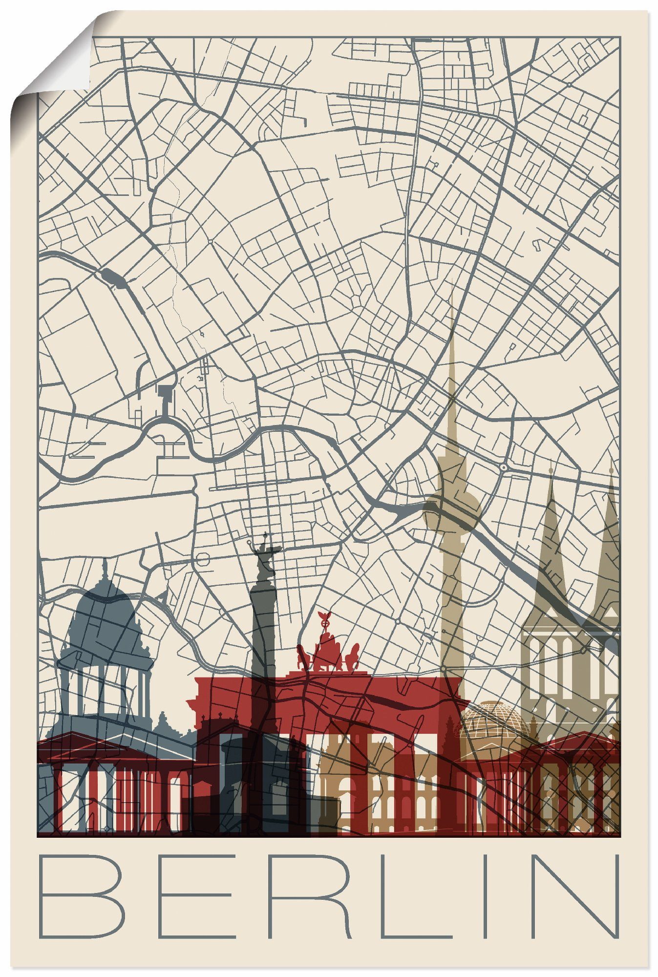 Artland Wandbild Retro Karte Berlin, Deutschland (1 St), als Alubild, Leinwandbild, Wandaufkleber oder Poster in versch. Größen