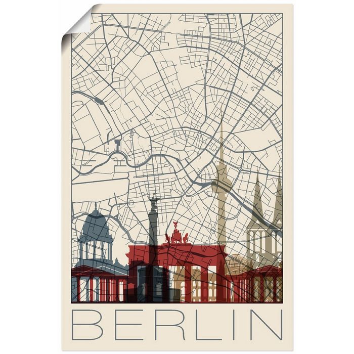 Artland Wandbild Retro Karte Berlin Deutschland (1 St) als Alubild Leinwandbild Wandaufkleber oder Poster in versch. Größen