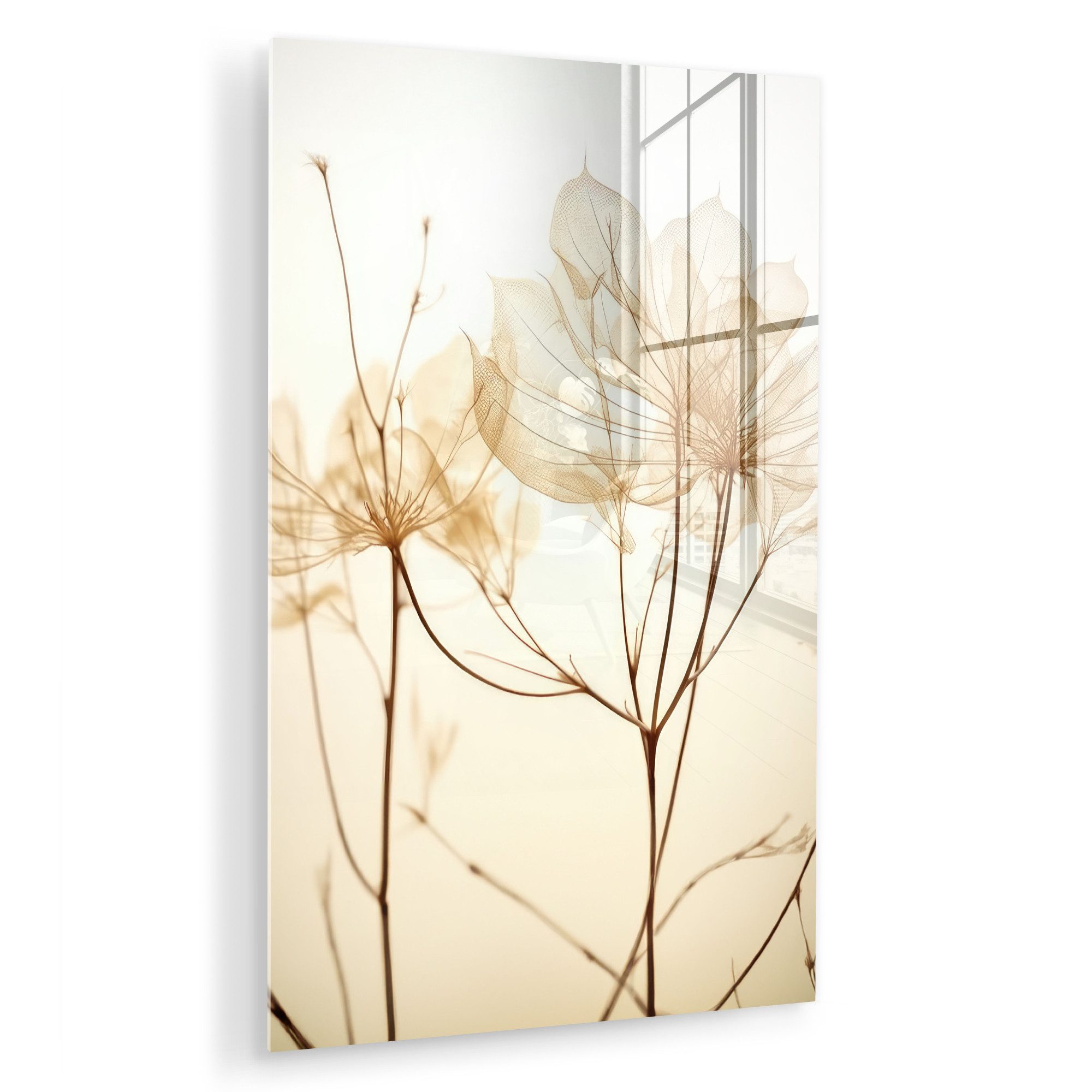 MuchoWow Acrylglasbild Getrocknete Blumen - Beige - Pflanzen - Weiß, Inkl. Aufhängung, Dekorative Bild für Küche & Wohnzimmer auf Glas, 20x30 cm