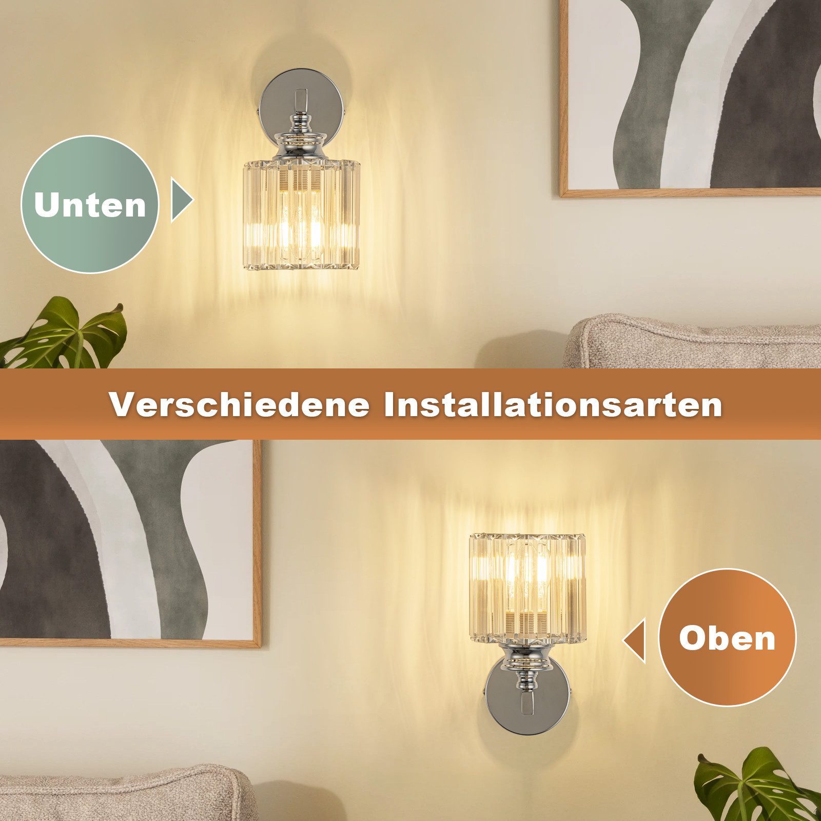ZMH Wandleuchte innen Kristall Flurlampe E27 Vintage Wandlampe Schlafzimmer, ohne Leuchtmittel, Metall & Kristall, Max.40,wandleuchten für Wohnzimmer, Esszimmer – Bild 5 von 5