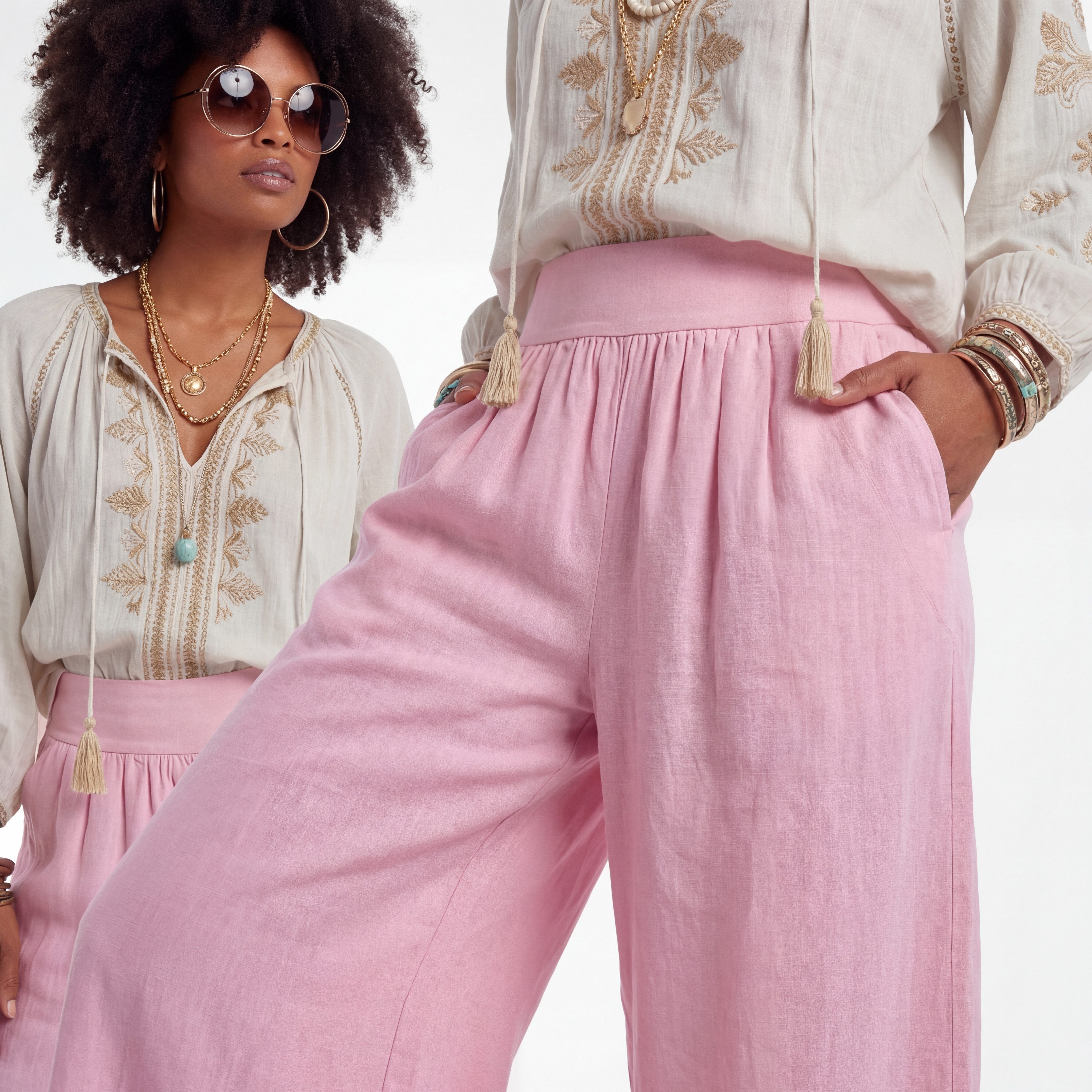 YC Fashion & Style Leinenhose Palazzo Hose weit – Sommerhose mit elastischem Bund und Taschen in Unifarbe