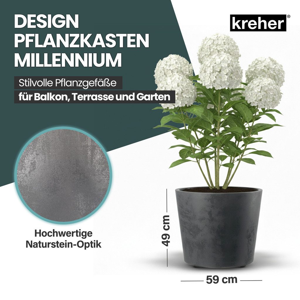 Kreher Pflanzkübel 'Millennium' in Naturstein Optik, 80 Liter, rollbar (Farbe wählbar)