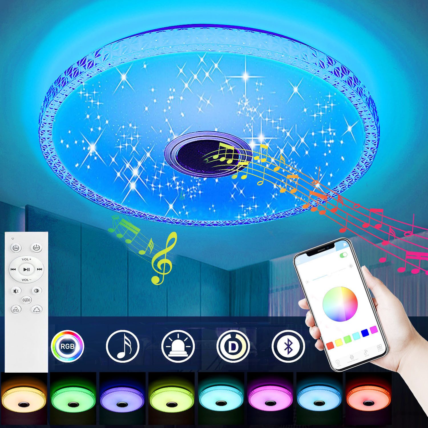 oyajia Deckenleuchte Kristall LED Deckenlampe 40W, Sternenhimmel Lampe 40cm RGB Farbwechsel, Kaltweiß/Naturweiß/Warmweiß/RGB, LED Deckenlampe mit Bluetooth Lautsprecher, Dimmbar mit Fernbedienung