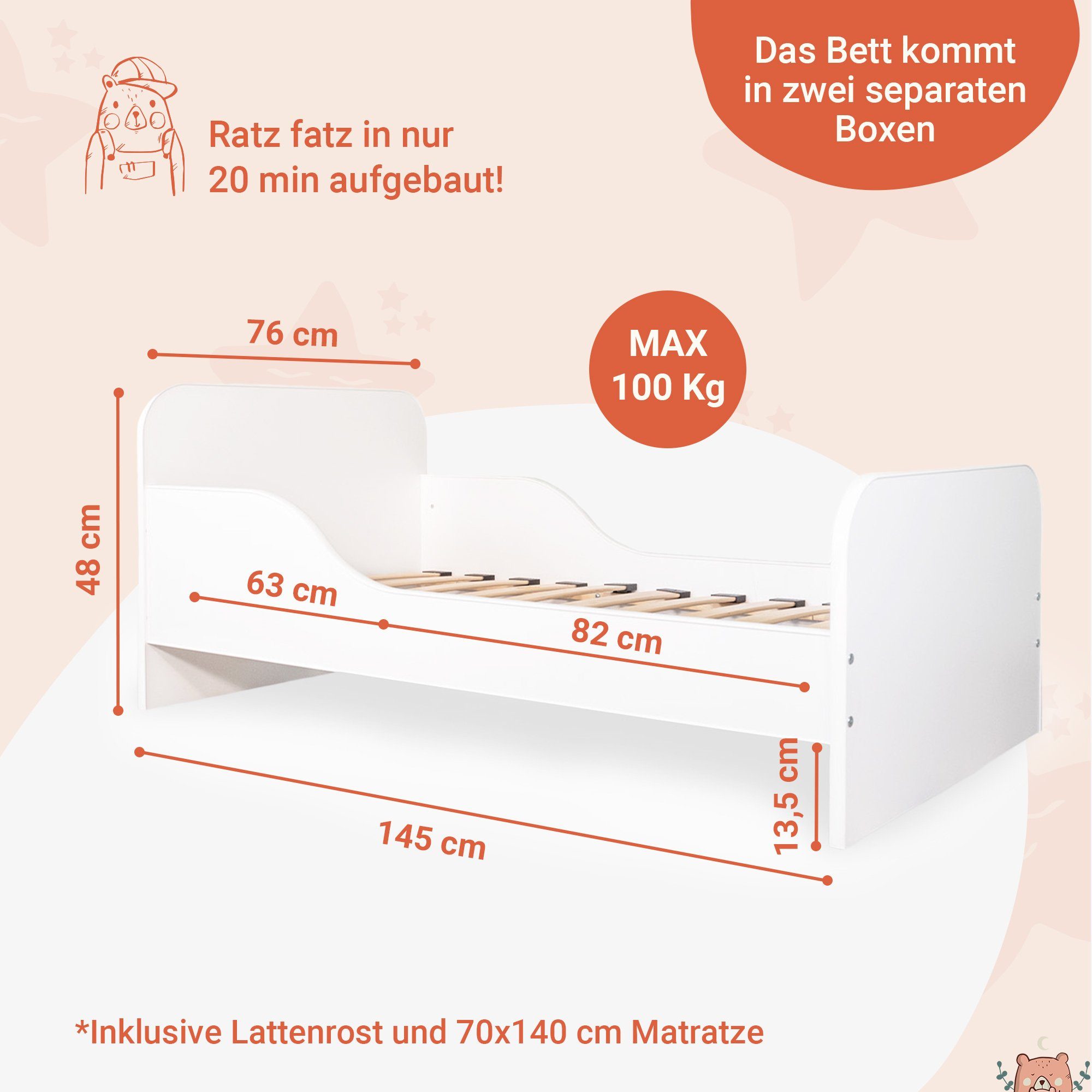 Jugendbett Alcube Ein Jungen der 70x140 und 70x140 Lattenrost Rausfallschutz I Mädchen Träume NOAH Kleinkinderbett Lebensjahr Nest Europa Weiß KOMPLETT Bettgestell cm (Kinderbett bis in Kinderbett SET Bett zum - mit 6. und 70x140), Liebevoll gefertigt 70x140 Bestseller cm Juniorbett für Matratze,