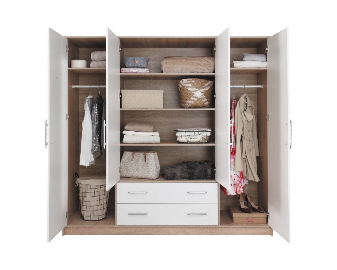 Deine Möbel 24 Kleiderschrank SAM SRL1 mit Spiegel, 4-türig, Schubladen, Farbe Cashmere (Set, 6-St., 200 cm Stauraum) Drehtürenschrank 200 cm breit mit Spiegeltür für Schlafzimmer Flur
